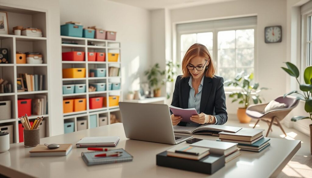 A bright, spacious home office with a stylish, organized desk in the foreground featuring neatly arranged stationery, a laptop, and a planner. A professional personal organizer, dressed in smart casual attire, is thoughtfully arranging files and decor items. In the middle ground, shelves filled with colorful storage bins and labeled containers demonstrate effective organization methods. Extensive natural light beams through large windows, enhancing the fresh, clean atmosphere of the space. In the background, a cozy reading nook with a comfortable chair and plants adds warmth and tranquility. The overall mood is inspiring and productive, reflecting the benefits of personal organizing. The lens captures the scene in a soft focus, highlighting the main subject while maintaining the inviting feel of the environment. A bright, spacious home office with a stylish, organized desk in the foreground featuring neatly arranged stationery, a laptop, and a planner. A professional personal organizer, dressed in smart casual attire, is thoughtfully arranging files and decor items. In the middle ground, shelves filled with colorful storage bins and labeled containers demonstrate effective organization methods. Extensive natural light beams through large windows, enhancing the fresh, clean atmosphere of the space. In the background, a cozy reading nook with a comfortable chair and plants adds warmth and tranquility. The overall mood is inspiring and productive, reflecting the benefits of personal organizing. The lens captures the scene in a soft focus, highlighting the main subject while maintaining the inviting feel of the environment.