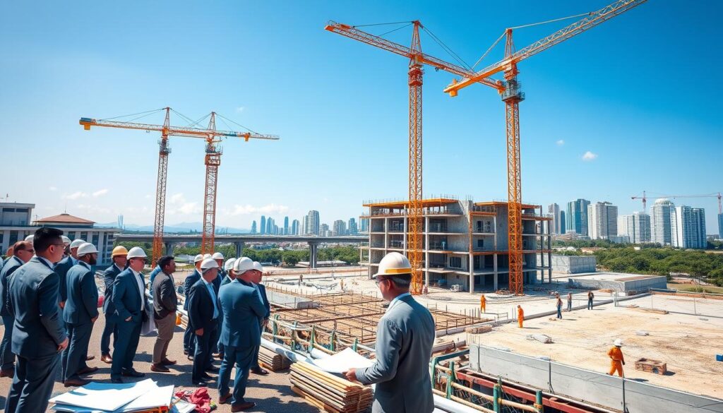 A bustling construction site showcasing the ongoing development of the "Novo Centro Cívico" in Maringá. In the foreground, a diverse group of professionals in business attire observe and discuss the project, surrounded by construction tools and blueprints. The middle section features towering cranes and workers in hard hats actively engaged in construction tasks, with exposed steel beams and concrete structures taking shape. In the background, the skyline of Maringá is visible, blending modern architecture with green spaces under a clear blue sky. Bright, natural lighting highlights the dynamic atmosphere, while a slight wide-angle perspective captures the scale of the construction site, reflecting a sense of progress and optimism for the future. A bustling construction site showcasing the ongoing development of the "Novo Centro Cívico" in Maringá. In the foreground, a diverse group of professionals in business attire observe and discuss the project, surrounded by construction tools and blueprints. The middle section features towering cranes and workers in hard hats actively engaged in construction tasks, with exposed steel beams and concrete structures taking shape. In the background, the skyline of Maringá is visible, blending modern architecture with green spaces under a clear blue sky. Bright, natural lighting highlights the dynamic atmosphere, while a slight wide-angle perspective captures the scale of the construction site, reflecting a sense of progress and optimism for the future.