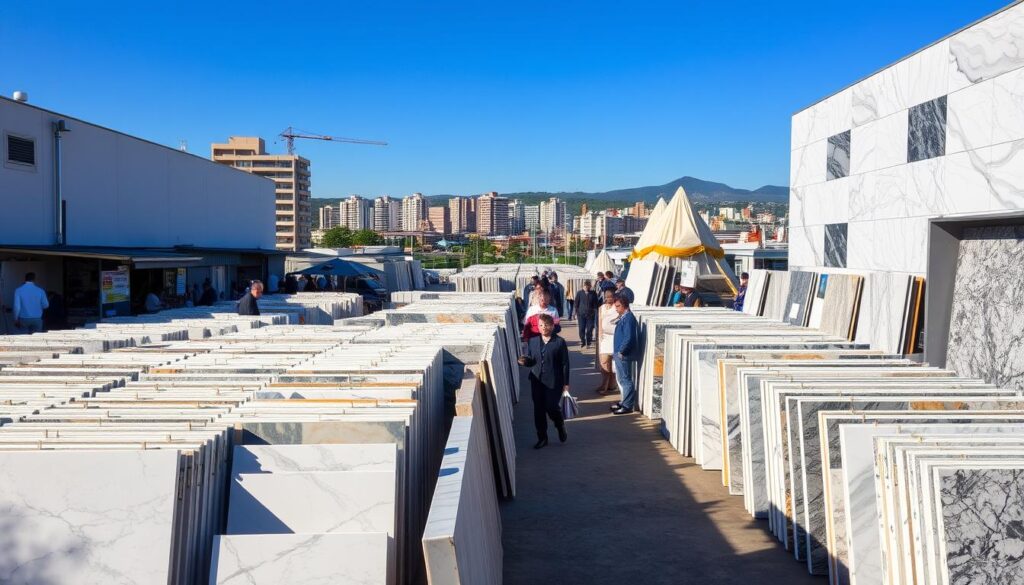 A bustling marble market scene in Maringá, featuring various types of marble slabs and stone products displayed prominently in the foreground. The middle ground includes well-organized vendor stalls with professional sellers in business attire showcasing their products, while potential buyers browse. In the background, a clear blue sky and the outlines of Maringá's urban landscape add depth to the scene. Natural sunlight illuminates the marble, enhancing its colors and textures, creating a warm and inviting atmosphere. Shot from a slightly elevated angle to capture the vibrant activity and arrangements, emphasizing the lively nature of the marketplace while maintaining a clean and focused composition. A bustling marble market scene in Maringá, featuring various types of marble slabs and stone products displayed prominently in the foreground. The middle ground includes well-organized vendor stalls with professional sellers in business attire showcasing their products, while potential buyers browse. In the background, a clear blue sky and the outlines of Maringá's urban landscape add depth to the scene. Natural sunlight illuminates the marble, enhancing its colors and textures, creating a warm and inviting atmosphere. Shot from a slightly elevated angle to capture the vibrant activity and arrangements, emphasizing the lively nature of the marketplace while maintaining a clean and focused composition.