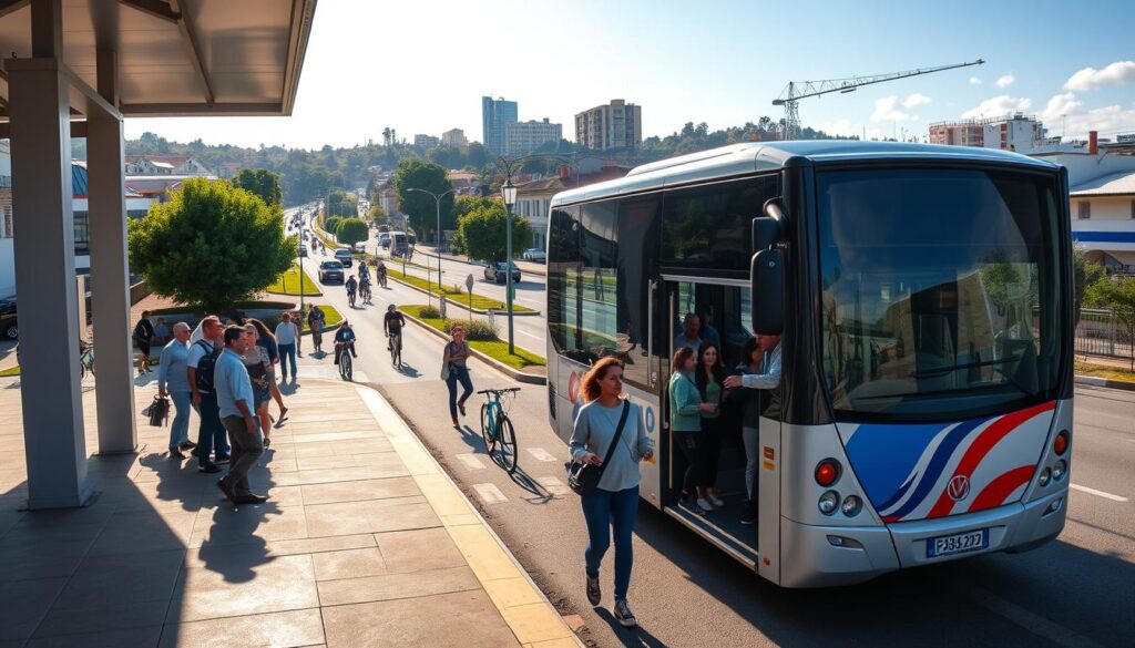 A bustling metropolitan transportation scene between Maringá and Sarandi, showcasing modern buses and transit vehicles in an urban setting. In the foreground, a sleek, contemporary bus stops at a station with passengers boarding and alighting, depicted in modest casual clothing. The middle ground features a busy street with cyclists and pedestrians, with green spaces and trees lining the thoroughfare. In the background, cityscape elements like residential buildings and local businesses can be seen under a bright, sunny sky, casting soft shadows. The composition is panoramic, captured from a slightly elevated angle to highlight the integration of transport systems. The atmosphere is vibrant and dynamic, illustrating the connectivity and energy of urban life. Natural lighting enhances the vivid colors of the scene, creating a welcoming and engaging ambiance. A bustling metropolitan transportation scene between Maringá and Sarandi, showcasing modern buses and transit vehicles in an urban setting. In the foreground, a sleek, contemporary bus stops at a station with passengers boarding and alighting, depicted in modest casual clothing. The middle ground features a busy street with cyclists and pedestrians, with green spaces and trees lining the thoroughfare. In the background, cityscape elements like residential buildings and local businesses can be seen under a bright, sunny sky, casting soft shadows. The composition is panoramic, captured from a slightly elevated angle to highlight the integration of transport systems. The atmosphere is vibrant and dynamic, illustrating the connectivity and energy of urban life. Natural lighting enhances the vivid colors of the scene, creating a welcoming and engaging ambiance.