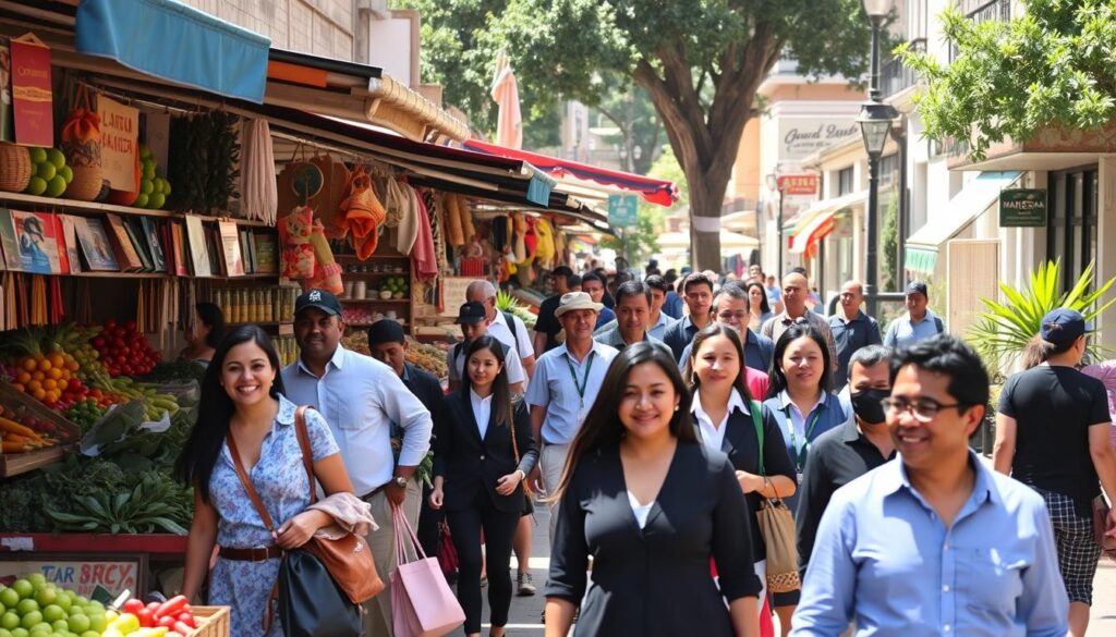 A bustling outdoor market scene in the Zona Norte district of Maringá, showcasing local vendors selling fresh produce, handmade crafts, and artisanal goods. In the foreground, a diverse group of shoppers, including families and professionals in smart casual attire, browse the stalls with smiles. The middle ground features vibrant market stalls adorned with colorful awnings and signs, creating an inviting atmosphere. In the background, a charming street lined with local shops and greenery adds depth and context. The lighting is warm and sunny, casting soft shadows and enhancing the lively feel of the scene. The mood is friendly and community-oriented, emphasizing the advantages of supporting local businesses. A bustling outdoor market scene in the Zona Norte district of Maringá, showcasing local vendors selling fresh produce, handmade crafts, and artisanal goods. In the foreground, a diverse group of shoppers, including families and professionals in smart casual attire, browse the stalls with smiles. The middle ground features vibrant market stalls adorned with colorful awnings and signs, creating an inviting atmosphere. In the background, a charming street lined with local shops and greenery adds depth and context. The lighting is warm and sunny, casting soft shadows and enhancing the lively feel of the scene. The mood is friendly and community-oriented, emphasizing the advantages of supporting local businesses.