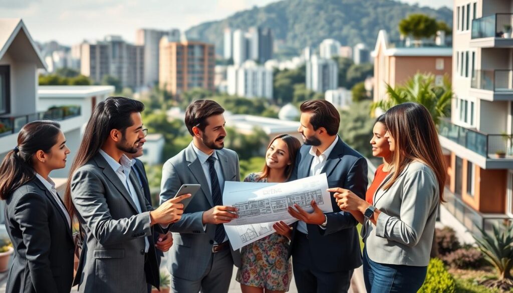 A bustling real estate market scene in Brazil, showcasing modern houses and stylish apartments side by side. In the foreground, a diverse group of professional investors dressed in business attire discusses property plans, pointing at architectural models. The middle ground features real estate agents engaging with clients, highlighting property features with enthusiasm. The background displays a vibrant city skyline with lush greenery, emphasizing urban development. Soft, natural lighting bathes the scene, creating an inviting atmosphere, while a slight depth of field blurs the distant buildings for focus. The overall mood is optimistic and dynamic, reflecting a thriving market and the excitement of investment opportunities. A bustling real estate market scene in Brazil, showcasing modern houses and stylish apartments side by side. In the foreground, a diverse group of professional investors dressed in business attire discusses property plans, pointing at architectural models. The middle ground features real estate agents engaging with clients, highlighting property features with enthusiasm. The background displays a vibrant city skyline with lush greenery, emphasizing urban development. Soft, natural lighting bathes the scene, creating an inviting atmosphere, while a slight depth of field blurs the distant buildings for focus. The overall mood is optimistic and dynamic, reflecting a thriving market and the excitement of investment opportunities.