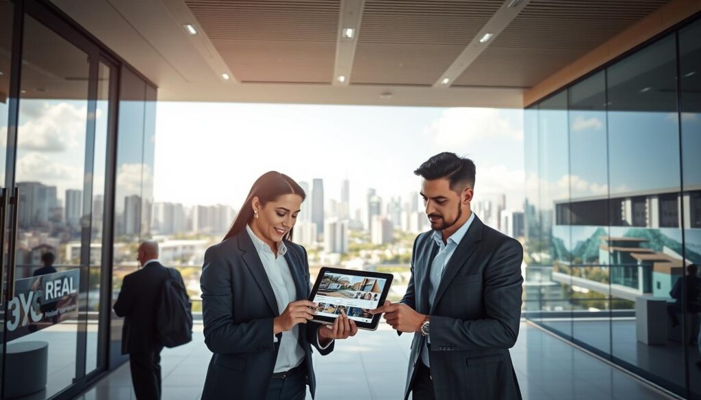 A bustling real estate market scene in Maringá, Brazil, highlighting the growth and future potential of the property sector. In the foreground, a professional couple in business attire is examining property listings on a digital tablet, showcasing a modern aesthetic. The middle ground features a sleek real estate office with large glass windows displaying images of desirable properties. In the background, a skyline of contemporary residential and commercial buildings signifies urban development and investment opportunity. Bright, natural lighting filters through, creating a hopeful and vibrant atmosphere that reflects the optimism of the market. Shot with a wide-angle lens to capture the dynamic environment, emphasizing the synergy between technology and real estate. A bustling real estate market scene in Maringá, Brazil, highlighting the growth and future potential of the property sector. In the foreground, a professional couple in business attire is examining property listings on a digital tablet, showcasing a modern aesthetic. The middle ground features a sleek real estate office with large glass windows displaying images of desirable properties. In the background, a skyline of contemporary residential and commercial buildings signifies urban development and investment opportunity. Bright, natural lighting filters through, creating a hopeful and vibrant atmosphere that reflects the optimism of the market. Shot with a wide-angle lens to capture the dynamic environment, emphasizing the synergy between technology and real estate.