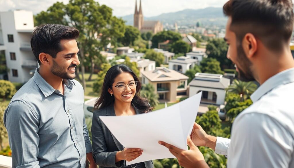 A bustling real estate market scene in Maringá, Brazil, in 2026. Foreground features a professional couple wearing business attire, discussing a housing plan with a friendly real estate agent, all smiling and engaged. The middle ground showcases modern apartments and houses with contemporary designs surrounded by lush green trees and well-maintained gardens. In the background, iconic Maringá landmarks like the Cathedral of Maringá tower above the skyline, reflecting vibrant urban life. Soft, natural lighting complements the warm atmosphere of a sunny day, creating an inviting mood. The angle is slightly elevated, capturing the energy of a thriving community and the optimism of prospective homeowners exploring their options. A bustling real estate market scene in Maringá, Brazil, in 2026. Foreground features a professional couple wearing business attire, discussing a housing plan with a friendly real estate agent, all smiling and engaged. The middle ground showcases modern apartments and houses with contemporary designs surrounded by lush green trees and well-maintained gardens. In the background, iconic Maringá landmarks like the Cathedral of Maringá tower above the skyline, reflecting vibrant urban life. Soft, natural lighting complements the warm atmosphere of a sunny day, creating an inviting mood. The angle is slightly elevated, capturing the energy of a thriving community and the optimism of prospective homeowners exploring their options.