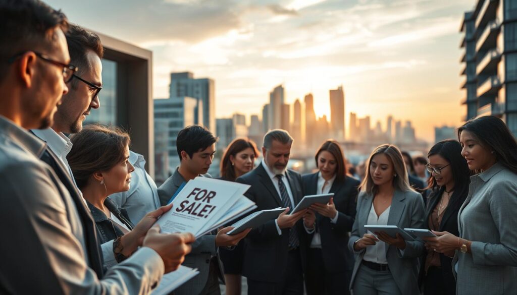 A bustling real estate market scene that visually represents the importance of property ownership. In the foreground, a diverse group of professionals in business attire, engaged in serious discussions while reviewing property documents and analyzing data on tablets. The middle ground features sleek modern buildings with "For Sale" signs prominently displayed, symbolizing various types of properties available in the market. In the background, a city skyline at sunset, casting a warm, golden light that creates an inviting atmosphere. The scene captures a sense of urgency and professionalism, highlighting the vital role of knowing property ownership in real estate transactions. The composition should be captured with a wide-angle lens to emphasize the lively market atmosphere, ensuring all elements are clearly visible yet harmoniously integrated. A bustling real estate market scene that visually represents the importance of property ownership. In the foreground, a diverse group of professionals in business attire, engaged in serious discussions while reviewing property documents and analyzing data on tablets. The middle ground features sleek modern buildings with "For Sale" signs prominently displayed, symbolizing various types of properties available in the market. In the background, a city skyline at sunset, casting a warm, golden light that creates an inviting atmosphere. The scene captures a sense of urgency and professionalism, highlighting the vital role of knowing property ownership in real estate transactions. The composition should be captured with a wide-angle lens to emphasize the lively market atmosphere, ensuring all elements are clearly visible yet harmoniously integrated.