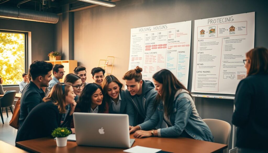 A bustling real estate office filled with students, all in smart casual clothing, discussing properties around a large table. In the foreground, a diverse group of young people, excited and focused, are huddled over a laptop displaying housing listings. The middle ground features a tall whiteboard filled with colorful diagrams illustrating the rental process and timelines. In the background, large windows let in warm, golden sunlight, illuminating the entire space and creating a lively atmosphere. The mood is energetic and hopeful, capturing the urgency and excitement of the housing search during the university admissions period. The scene is shot from an angle that highlights both the students' engagement and the informative environment, with a soft focus effect to enhance the warm ambiance. A bustling real estate office filled with students, all in smart casual clothing, discussing properties around a large table. In the foreground, a diverse group of young people, excited and focused, are huddled over a laptop displaying housing listings. The middle ground features a tall whiteboard filled with colorful diagrams illustrating the rental process and timelines. In the background, large windows let in warm, golden sunlight, illuminating the entire space and creating a lively atmosphere. The mood is energetic and hopeful, capturing the urgency and excitement of the housing search during the university admissions period. The scene is shot from an angle that highlights both the students' engagement and the informative environment, with a soft focus effect to enhance the warm ambiance.