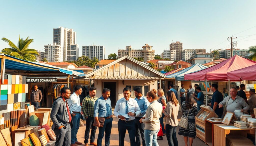 A bustling renovation market in Maringá, Brazil, brimming with activity. In the foreground, a diverse group of professionals in smart casual attire are discussing plans around a weathered house, embodying the spirit of property flipping. The middle ground features various stalls showcasing renovation materials such as paint, tiles, and tools, all under vibrant canopies. The background reveals Maringá's unique architecture with a striking modern skyline contrasting the traditional homes, bathed in warm afternoon sunlight. The atmosphere is lively and optimistic, highlighting the potential of home renovations as a lucrative investment. Capture the scene from a slightly elevated angle, offering an expansive view of the market's dynamic environment. A bustling renovation market in Maringá, Brazil, brimming with activity. In the foreground, a diverse group of professionals in smart casual attire are discussing plans around a weathered house, embodying the spirit of property flipping. The middle ground features various stalls showcasing renovation materials such as paint, tiles, and tools, all under vibrant canopies. The background reveals Maringá's unique architecture with a striking modern skyline contrasting the traditional homes, bathed in warm afternoon sunlight. The atmosphere is lively and optimistic, highlighting the potential of home renovations as a lucrative investment. Capture the scene from a slightly elevated angle, offering an expansive view of the market's dynamic environment.