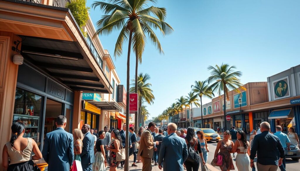 A bustling scene of Avenida Mandacaru, highlighting vibrant street life and commerce. In the foreground, feature a diverse group of well-dressed people interacting near a corner café, some holding shopping bags. The middle ground showcases a busy street lined with colorful storefronts displaying various goods, creating an inviting atmosphere for shoppers. The background reveals palm trees swaying under a clear blue sky, with sunlight casting soft shadows on the pavement, conveying a warm, lively mood. Capture the image from a slightly elevated angle, as if taken from a nearby building, enhancing the sense of accessibility and movement along the avenue. The lighting should evoke a sunny day, highlighting the dynamic interaction of the community in a bustling commercial area. A bustling scene of Avenida Mandacaru, highlighting vibrant street life and commerce. In the foreground, feature a diverse group of well-dressed people interacting near a corner café, some holding shopping bags. The middle ground showcases a busy street lined with colorful storefronts displaying various goods, creating an inviting atmosphere for shoppers. The background reveals palm trees swaying under a clear blue sky, with sunlight casting soft shadows on the pavement, conveying a warm, lively mood. Capture the image from a slightly elevated angle, as if taken from a nearby building, enhancing the sense of accessibility and movement along the avenue. The lighting should evoke a sunny day, highlighting the dynamic interaction of the community in a bustling commercial area.