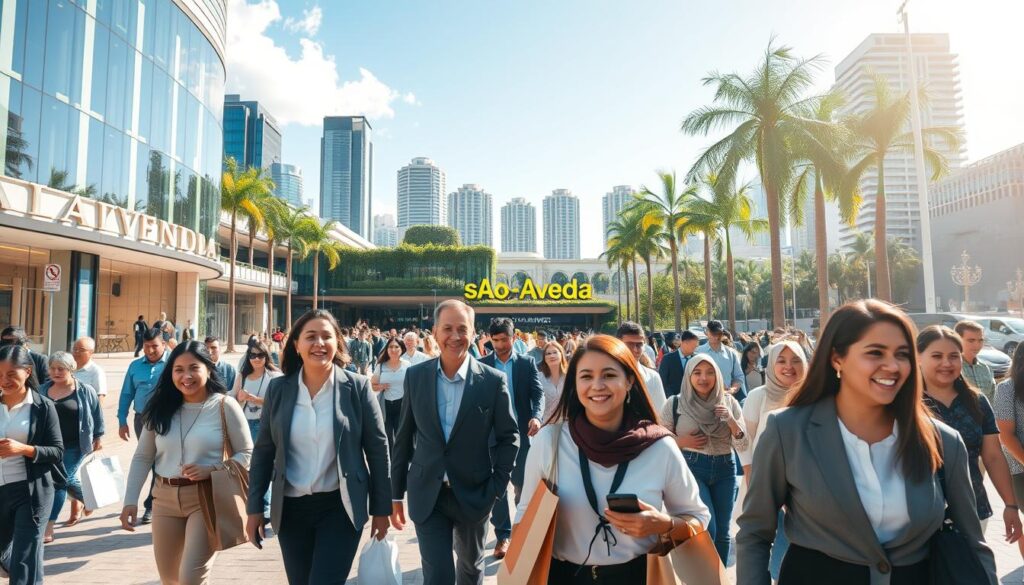 A bustling scene of Shopping Avenida Center in São Paulo on a sunny day. In the foreground, a diverse group of individuals in professional business attire and modest casual clothing are walking, some carrying shopping bags, with smiles on their faces, showcasing a lively atmosphere. In the middle ground, the modern architecture of the shopping center stands out, featuring glass facades and green spaces. Shoppers are visible entering and exiting, creating a sense of movement. The background reveals the vibrant cityscape of São Paulo with skyscrapers and palm trees under a bright blue sky, with soft sunlight illuminating the scene. The angle captures the energy of the location, reflecting its strategic importance and accessibility within the city. The mood is vibrant and inviting, emphasizing convenience and community. A bustling scene of Shopping Avenida Center in São Paulo on a sunny day. In the foreground, a diverse group of individuals in professional business attire and modest casual clothing are walking, some carrying shopping bags, with smiles on their faces, showcasing a lively atmosphere. In the middle ground, the modern architecture of the shopping center stands out, featuring glass facades and green spaces. Shoppers are visible entering and exiting, creating a sense of movement. The background reveals the vibrant cityscape of São Paulo with skyscrapers and palm trees under a bright blue sky, with soft sunlight illuminating the scene. The angle captures the energy of the location, reflecting its strategic importance and accessibility within the city. The mood is vibrant and inviting, emphasizing convenience and community.