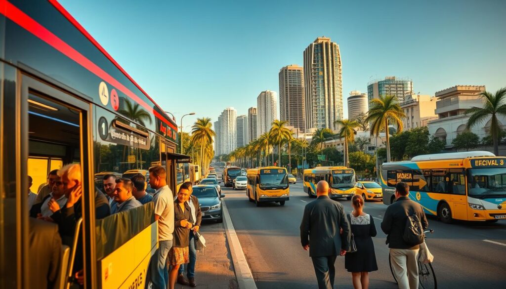 A bustling scene of public transport along Avenida Brasil, featuring a modern city bus in the foreground, showcasing a diverse group of people in professional business attire and modest casual clothing, waiting at a bus stop, engaging in conversation. The middle ground reveals a wide avenue lined with palm trees and local shops, with more buses and taxis in motion. In the background, iconic high-rise buildings stretch toward a clear blue sky, illuminated by soft, warm sunlight, suggesting a vibrant urban atmosphere. The overall mood is dynamic and lively, capturing the advantages of living on this main road, emphasizing accessibility and community life. The perspective is slightly elevated, offering a comprehensive view of the street and its activity, emphasizing connectivity and urban vitality. A bustling scene of public transport along Avenida Brasil, featuring a modern city bus in the foreground, showcasing a diverse group of people in professional business attire and modest casual clothing, waiting at a bus stop, engaging in conversation. The middle ground reveals a wide avenue lined with palm trees and local shops, with more buses and taxis in motion. In the background, iconic high-rise buildings stretch toward a clear blue sky, illuminated by soft, warm sunlight, suggesting a vibrant urban atmosphere. The overall mood is dynamic and lively, capturing the advantages of living on this main road, emphasizing accessibility and community life. The perspective is slightly elevated, offering a comprehensive view of the street and its activity, emphasizing connectivity and urban vitality.