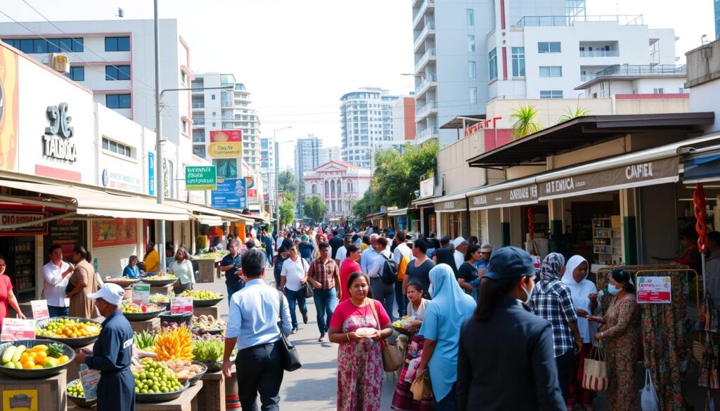 A bustling scene on Avenida Mandacaru, showcasing vibrant street life and economic activity. In the foreground, diverse local vendors are engaging with customers, selling fresh produce and handmade goods, all dressed in professional and modest attire. The middle ground features a variety of small businesses, such as shops and cafés, with colorful signage and lively interactions. In the background, modern buildings and residential areas can be seen, symbolizing growth and development in the region. The lighting is warm and inviting, evoking a sense of community and prosperity, captured from a slightly elevated angle to give a panoramic view of the street. The atmosphere is dynamic and optimistic, reflecting the importance of Avenida Mandacaru in driving economic progress. A bustling scene on Avenida Mandacaru, showcasing vibrant street life and economic activity. In the foreground, diverse local vendors are engaging with customers, selling fresh produce and handmade goods, all dressed in professional and modest attire. The middle ground features a variety of small businesses, such as shops and cafés, with colorful signage and lively interactions. In the background, modern buildings and residential areas can be seen, symbolizing growth and development in the region. The lighting is warm and inviting, evoking a sense of community and prosperity, captured from a slightly elevated angle to give a panoramic view of the street. The atmosphere is dynamic and optimistic, reflecting the importance of Avenida Mandacaru in driving economic progress.