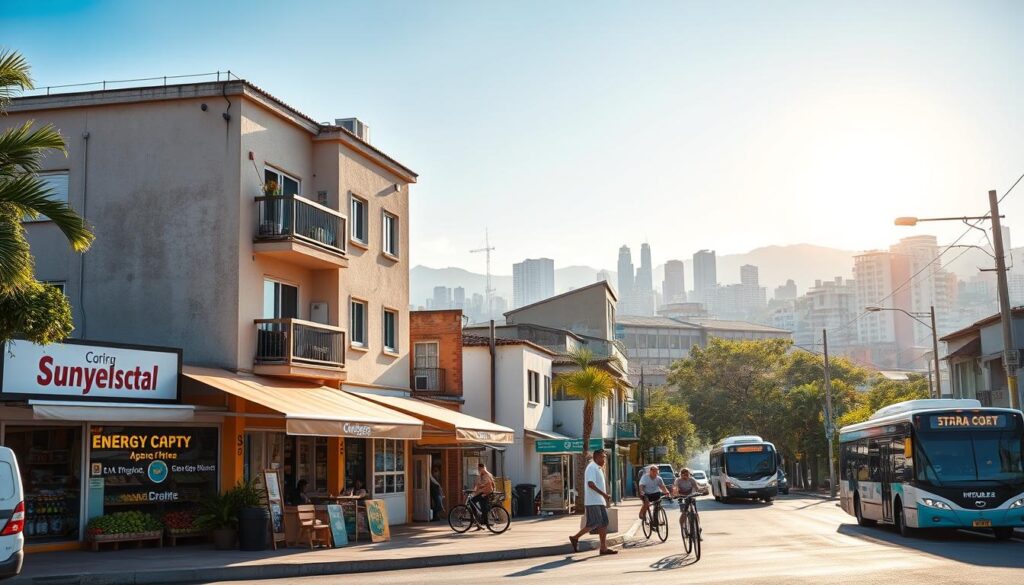 A bustling street scene in Sarandi, PR, showcasing essential costs of living. In the foreground, depict a modest, modern apartment building with energy-efficient designs, a grocery store with fresh produce, and a small café with customers enjoying coffee. In the middle ground, include public transportation options like a bus stop and bicycles parked nearby. The backdrop should feature a vibrant city skyline under a clear blue sky, with the sun casting warm, inviting light, enhancing the lively atmosphere of daily life. Capture the essence of community and affordability while emphasizing a safe and welcoming environment, using a slightly elevated angle for a comprehensive view. A bustling street scene in Sarandi, PR, showcasing essential costs of living. In the foreground, depict a modest, modern apartment building with energy-efficient designs, a grocery store with fresh produce, and a small café with customers enjoying coffee. In the middle ground, include public transportation options like a bus stop and bicycles parked nearby. The backdrop should feature a vibrant city skyline under a clear blue sky, with the sun casting warm, inviting light, enhancing the lively atmosphere of daily life. Capture the essence of community and affordability while emphasizing a safe and welcoming environment, using a slightly elevated angle for a comprehensive view.