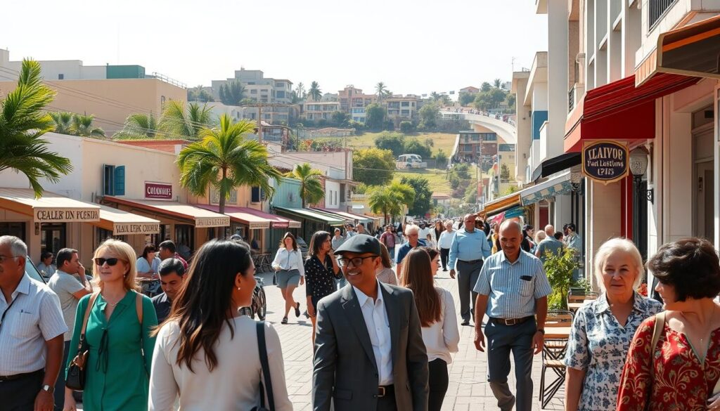 A bustling street scene in Sarandi, PR, showcasing the daily life of residents. In the foreground, depict a group of diverse people, dressed in modest, professional business attire, engaging in a friendly conversation. In the middle ground, small local shops and cafes lined along the street, with colorful awnings and outdoor seating, where families and professionals enjoy their day. The background features a mix of modern residential buildings and green parks under a bright, sunny sky, casting soft shadows. The scene is vibrant, reflecting a sense of community and accessibility, with warm and inviting lighting that conveys a welcoming atmosphere. A wide-angle perspective captures the liveliness of the neighborhood. A bustling street scene in Sarandi, PR, showcasing the daily life of residents. In the foreground, depict a group of diverse people, dressed in modest, professional business attire, engaging in a friendly conversation. In the middle ground, small local shops and cafes lined along the street, with colorful awnings and outdoor seating, where families and professionals enjoy their day. The background features a mix of modern residential buildings and green parks under a bright, sunny sky, casting soft shadows. The scene is vibrant, reflecting a sense of community and accessibility, with warm and inviting lighting that conveys a welcoming atmosphere. A wide-angle perspective captures the liveliness of the neighborhood.