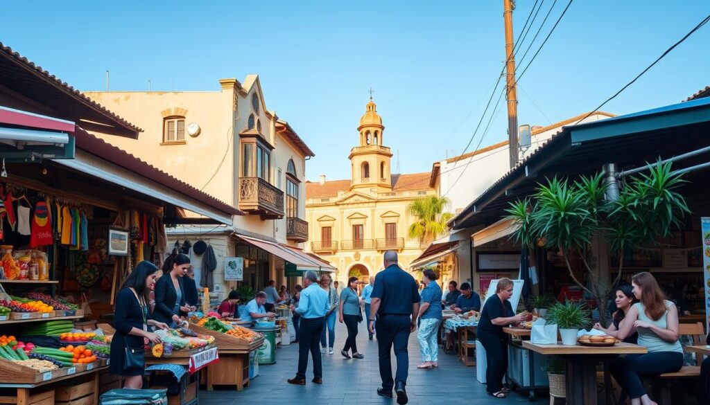 A bustling street scene in the northern neighborhood of Maringá, showcasing vibrant local commerce. In the foreground, a small outdoor market features colorful stalls brimming with fresh produce, handmade crafts, and local delicacies. Friendly vendors in professional attire engage with customers, emphasizing community spirit. The middle ground includes a quaint café with people enjoying coffee and pastries at outdoor tables, surrounded by lush potted plants. In the background, distinctive architecture typical of Maringá's northern zone can be seen, framed by clear blue skies. Soft natural lighting casts a warm glow over the scene, creating an inviting atmosphere. Capture the essence of local shopping and community engagement in this lively setting, with a focus on togetherness and support for local businesses. A bustling street scene in the northern neighborhood of Maringá, showcasing vibrant local commerce. In the foreground, a small outdoor market features colorful stalls brimming with fresh produce, handmade crafts, and local delicacies. Friendly vendors in professional attire engage with customers, emphasizing community spirit. The middle ground includes a quaint café with people enjoying coffee and pastries at outdoor tables, surrounded by lush potted plants. In the background, distinctive architecture typical of Maringá's northern zone can be seen, framed by clear blue skies. Soft natural lighting casts a warm glow over the scene, creating an inviting atmosphere. Capture the essence of local shopping and community engagement in this lively setting, with a focus on togetherness and support for local businesses.