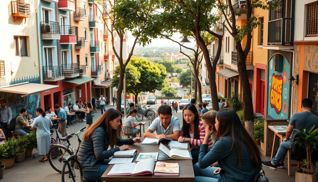 A bustling student neighborhood in Brazil, showcasing vibrant apartment buildings and youthful cafes, filled with students in modest casual clothing. In the foreground, a diverse group of students collaborates over books at an outdoor table, radiating an atmosphere of camaraderie and academic focus. The middle ground features colorful murals and bicycle racks, while the background reveals lush trees lining the street and distant views of the Uningá campus. The scene is illuminated by soft, warm sunlight, lending a welcoming ambiance. The perspective is slightly elevated, capturing both the community vibe and the educational environment, evoking a sense of opportunity and belonging for university students. A bustling student neighborhood in Brazil, showcasing vibrant apartment buildings and youthful cafes, filled with students in modest casual clothing. In the foreground, a diverse group of students collaborates over books at an outdoor table, radiating an atmosphere of camaraderie and academic focus. The middle ground features colorful murals and bicycle racks, while the background reveals lush trees lining the street and distant views of the Uningá campus. The scene is illuminated by soft, warm sunlight, lending a welcoming ambiance. The perspective is slightly elevated, capturing both the community vibe and the educational environment, evoking a sense of opportunity and belonging for university students.