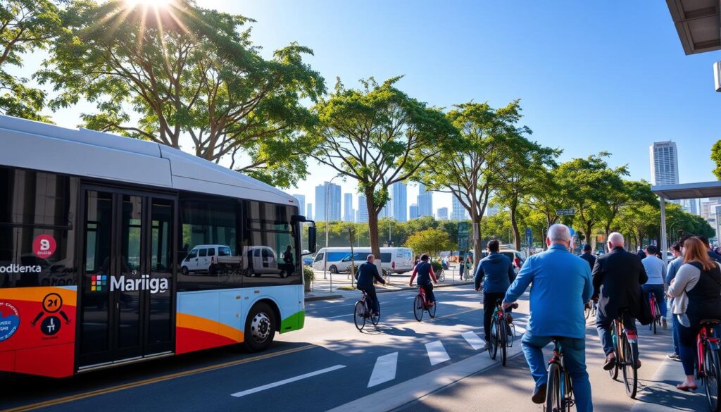A bustling urban scene depicting public transportation in Maringá, Brazil. In the foreground, a modern bus with vibrant colors and clear branding is stopped at a bus stop, where a diverse group of commuters in professional attire await. The middle ground features a well-maintained street filled with lush green trees and bicycle lanes, with several cyclists passing by. In the background, the iconic skyline of Maringá can be seen under a clear blue sky, with sunlight illuminating the scene, creating a warm and inviting atmosphere. The angle captures the bus and users, emphasizing the efficiency and accessibility of public transport. The overall mood is lively and optimistic, showcasing the interconnectedness of the city through its transport system. A bustling urban scene depicting public transportation in Maringá, Brazil. In the foreground, a modern bus with vibrant colors and clear branding is stopped at a bus stop, where a diverse group of commuters in professional attire await. The middle ground features a well-maintained street filled with lush green trees and bicycle lanes, with several cyclists passing by. In the background, the iconic skyline of Maringá can be seen under a clear blue sky, with sunlight illuminating the scene, creating a warm and inviting atmosphere. The angle captures the bus and users, emphasizing the efficiency and accessibility of public transport. The overall mood is lively and optimistic, showcasing the interconnectedness of the city through its transport system.