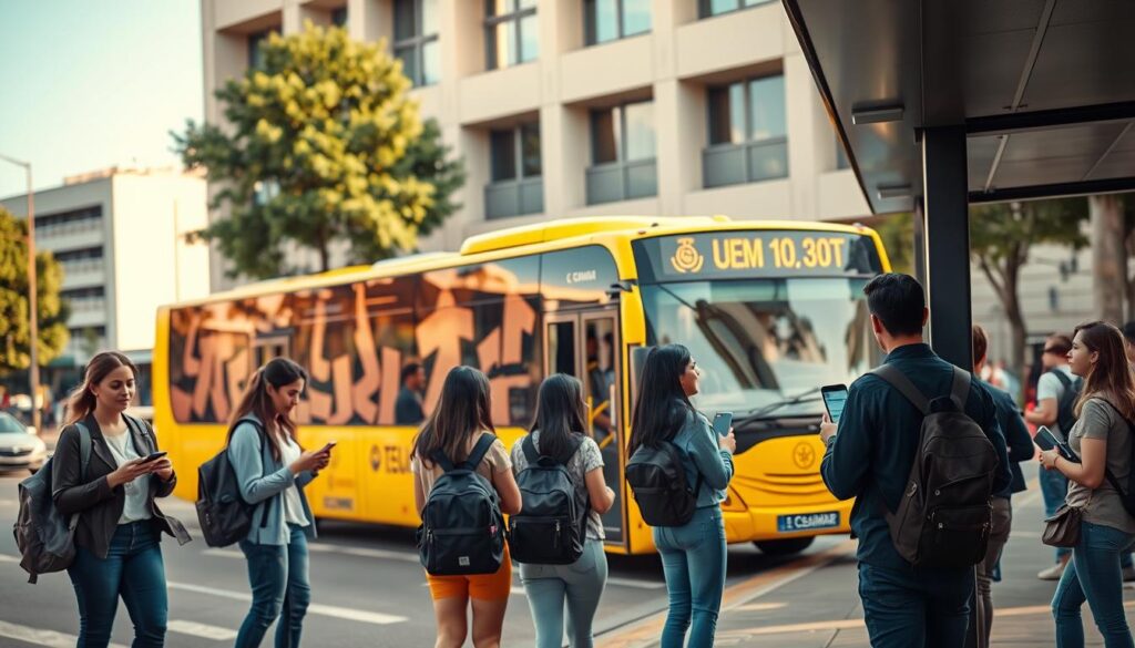 A bustling urban scene in Maringá, showcasing a modern public transportation system. In the foreground, a group of university students dressed in casual yet professional clothing, waiting at a bus stop, chatting and looking at their smartphones. In the middle, a bright yellow bus, prominently displaying the city’s emblem, pulls up to the stop, refined details on the bus emphasizing its importance to local commuters. The background features a university building, such as UEM or Cesumar, easily recognizable with students walking in and out. The lighting is warm and inviting, suggesting a late afternoon ambiance with soft shadows. A wide-angle lens captures the vibrant atmosphere, highlighting the dynamic exchange between students and the transportation system, emphasizing accessibility and connectivity. A bustling urban scene in Maringá, showcasing a modern public transportation system. In the foreground, a group of university students dressed in casual yet professional clothing, waiting at a bus stop, chatting and looking at their smartphones. In the middle, a bright yellow bus, prominently displaying the city’s emblem, pulls up to the stop, refined details on the bus emphasizing its importance to local commuters. The background features a university building, such as UEM or Cesumar, easily recognizable with students walking in and out. The lighting is warm and inviting, suggesting a late afternoon ambiance with soft shadows. A wide-angle lens captures the vibrant atmosphere, highlighting the dynamic exchange between students and the transportation system, emphasizing accessibility and connectivity.