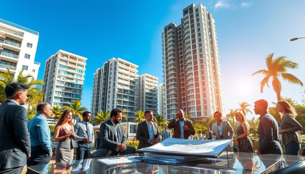 A bustling urban scene in Paiçandu, Brazil, showcasing real estate investors engaged in discussions outside a modern building development. In the foreground, a diverse group of investors in professional business attire gather around a sleek conference table with architectural plans spread out. In the middle ground, contemporary apartments rise in the background, highlighting the city's growth potential. The atmosphere is vibrant and optimistic, with bright sunlight illuminating the scene and casting dynamic shadows. A clear blue sky serves as a backdrop, while greenery and palm trees add a touch of local flavor. A wide-angle lens captures the energy of the setting, emphasizing the investment opportunities in this emerging market. A bustling urban scene in Paiçandu, Brazil, showcasing real estate investors engaged in discussions outside a modern building development. In the foreground, a diverse group of investors in professional business attire gather around a sleek conference table with architectural plans spread out. In the middle ground, contemporary apartments rise in the background, highlighting the city's growth potential. The atmosphere is vibrant and optimistic, with bright sunlight illuminating the scene and casting dynamic shadows. A clear blue sky serves as a backdrop, while greenery and palm trees add a touch of local flavor. A wide-angle lens captures the energy of the setting, emphasizing the investment opportunities in this emerging market.