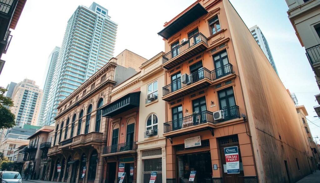 A charming street scene in the historic center of Maringá, showcasing several old apartment buildings available for sale. In the foreground, a well-maintained antique building, featuring elegant architecture with decorative balconies and vintage details, stands prominently. The middle ground reveals a diverse selection of 'For Sale' signs on the façades of nearby apartments, each reflecting unique styles from different eras. In the background, modern skyscrapers rise, juxtaposing the old-world charm with contemporary urban life. Soft, warm sunlight bathes the scene, casting gentle shadows, and creating a welcoming atmosphere. Capture the perspective from street level with a wide-angle lens to enhance the depth of the surroundings, evoking a sense of opportunity and nostalgia in this vibrant urban landscape. A charming street scene in the historic center of Maringá, showcasing several old apartment buildings available for sale. In the foreground, a well-maintained antique building, featuring elegant architecture with decorative balconies and vintage details, stands prominently. The middle ground reveals a diverse selection of 'For Sale' signs on the façades of nearby apartments, each reflecting unique styles from different eras. In the background, modern skyscrapers rise, juxtaposing the old-world charm with contemporary urban life. Soft, warm sunlight bathes the scene, casting gentle shadows, and creating a welcoming atmosphere. Capture the perspective from street level with a wide-angle lens to enhance the depth of the surroundings, evoking a sense of opportunity and nostalgia in this vibrant urban landscape.