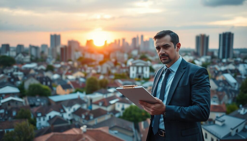 A cityscape reflecting urban land regulation, showcasing a diverse mix of neighborhoods. In the foreground, a confident professional in business attire holds a clipboard, analyzing paper plans and zoning maps. The middle features a blend of residential buildings, ranging from historic structures to modern developments, symbolizing regulatory criteria. Loosely visible behind them, a skyline of taller buildings looms, representing future development potential while maintaining a cohesive city plan. The lighting is soft and natural, emanating from a golden sunset that casts a warm glow, evoking a sense of hope and possibility. The atmosphere is serious yet optimistic, emphasizing thoughtful planning and community engagement in urban development. A cityscape reflecting urban land regulation, showcasing a diverse mix of neighborhoods. In the foreground, a confident professional in business attire holds a clipboard, analyzing paper plans and zoning maps. The middle features a blend of residential buildings, ranging from historic structures to modern developments, symbolizing regulatory criteria. Loosely visible behind them, a skyline of taller buildings looms, representing future development potential while maintaining a cohesive city plan. The lighting is soft and natural, emanating from a golden sunset that casts a warm glow, evoking a sense of hope and possibility. The atmosphere is serious yet optimistic, emphasizing thoughtful planning and community engagement in urban development.