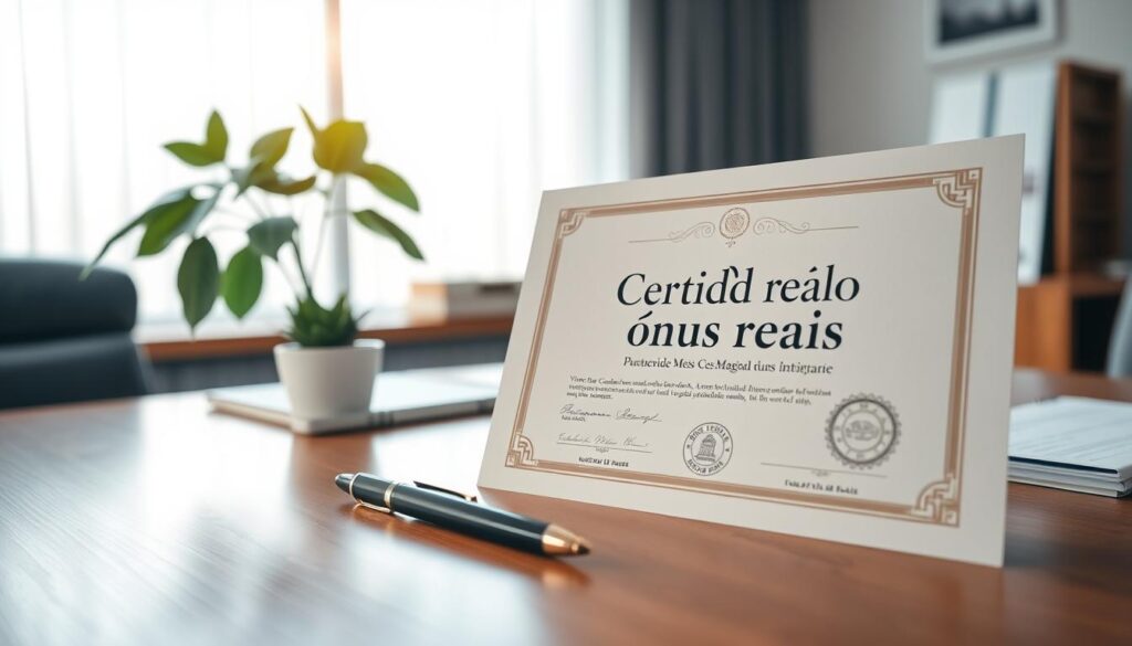 A close-up view of a "certidão ônus reais" document displayed prominently in the foreground, featuring elegant typography and official seals. The paper is placed on a polished wooden desk, surrounded by a stylish pen and a potted plant for a touch of greenery. In the background, a serene office environment with soft, natural light streaming through a large window, creating a warm and inviting atmosphere. The desk is organized, suggesting professionalism and attention to detail. The overall mood is one of trust and clarity, emphasizing the importance of verifying property status before any transactions. The scene captures a sense of readiness and diligence in preparing to buy real estate. A close-up view of a "certidão ônus reais" document displayed prominently in the foreground, featuring elegant typography and official seals. The paper is placed on a polished wooden desk, surrounded by a stylish pen and a potted plant for a touch of greenery. In the background, a serene office environment with soft, natural light streaming through a large window, creating a warm and inviting atmosphere. The desk is organized, suggesting professionalism and attention to detail. The overall mood is one of trust and clarity, emphasizing the importance of verifying property status before any transactions. The scene captures a sense of readiness and diligence in preparing to buy real estate.