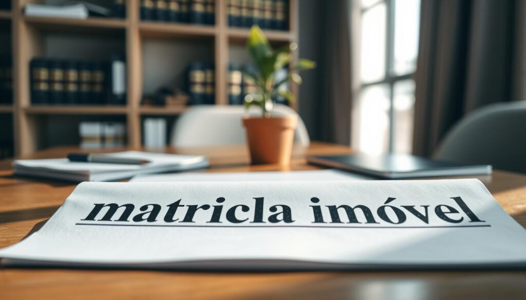 A close-up view of a detailed property registration document, showcasing the words "matrícula imóvel" prominently in a clear, formal font. The document is placed on a wooden desk with a soft focus to give depth. In the background, a well-organized office setting is visible, with shelves containing legal books and a small potted plant, adding greenery to the scene. Natural light streams in from a window, casting gentle shadows across the desk, creating a calm and professional atmosphere. The composition captures a sense of seriousness and diligence associated with property ownership and financial responsibility, ideal for illustrating a practical guide on checking property debts. A close-up view of a detailed property registration document, showcasing the words "matrícula imóvel" prominently in a clear, formal font. The document is placed on a wooden desk with a soft focus to give depth. In the background, a well-organized office setting is visible, with shelves containing legal books and a small potted plant, adding greenery to the scene. Natural light streams in from a window, casting gentle shadows across the desk, creating a calm and professional atmosphere. The composition captures a sense of seriousness and diligence associated with property ownership and financial responsibility, ideal for illustrating a practical guide on checking property debts.