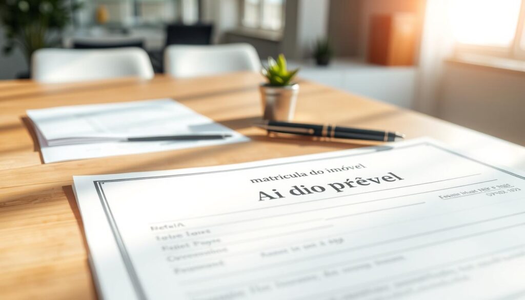 A close-up view of a "matrícula do imóvel," showcasing a detailed property registration document. The foreground displays the document prominently, with clear sections indicating property details, ID, and ownership. Soft natural lighting illuminates the paper, creating delicate shadows. In the middle ground, include a refined wooden desk surface adorned with a classy pen and a small potted plant, enhancing the professional ambiance. The background features a soft-focus image of a modern office environment, slightly blurred to keep the focus on the document. The overall atmosphere is calm and informative, suggesting careful evaluation and trust in the property buying process. A close-up view of a "matrícula do imóvel," showcasing a detailed property registration document. The foreground displays the document prominently, with clear sections indicating property details, ID, and ownership. Soft natural lighting illuminates the paper, creating delicate shadows. In the middle ground, include a refined wooden desk surface adorned with a classy pen and a small potted plant, enhancing the professional ambiance. The background features a soft-focus image of a modern office environment, slightly blurred to keep the focus on the document. The overall atmosphere is calm and informative, suggesting careful evaluation and trust in the property buying process.