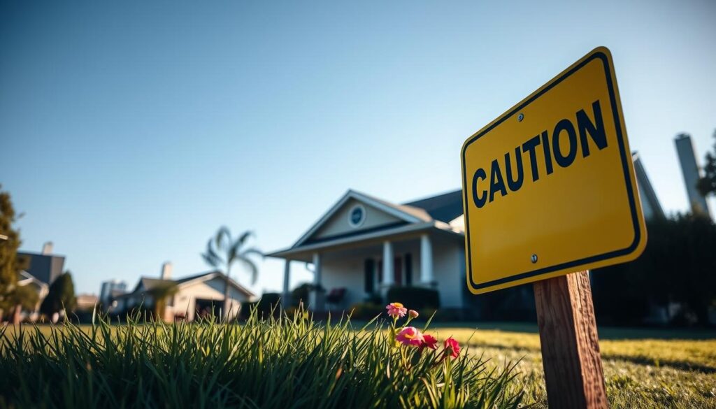 A close-up view of a residential property under a clear blue sky, prominently featuring a “Caution” sign in bright yellow, conveying the theme of legal issues. In the foreground, the sign stands on a sturdy wooden post, surrounded by neatly trimmed grass and garden flowers, emphasizing the tone of vigilance. The middle ground includes the facade of a classic suburban home with a well-maintained exterior, showing potential signs of neglect like peeling paint or overgrown shrubs. In the background, subtle silhouettes of office buildings can be seen, representing the legal aspect of property ownership. Soft, natural lighting enhances the clarity of the sign, creating a thoughtful and serious atmosphere, perfect for informing about legal impediments in real estate ownership. A close-up view of a residential property under a clear blue sky, prominently featuring a “Caution” sign in bright yellow, conveying the theme of legal issues. In the foreground, the sign stands on a sturdy wooden post, surrounded by neatly trimmed grass and garden flowers, emphasizing the tone of vigilance. The middle ground includes the facade of a classic suburban home with a well-maintained exterior, showing potential signs of neglect like peeling paint or overgrown shrubs. In the background, subtle silhouettes of office buildings can be seen, representing the legal aspect of property ownership. Soft, natural lighting enhances the clarity of the sign, creating a thoughtful and serious atmosphere, perfect for informing about legal impediments in real estate ownership.