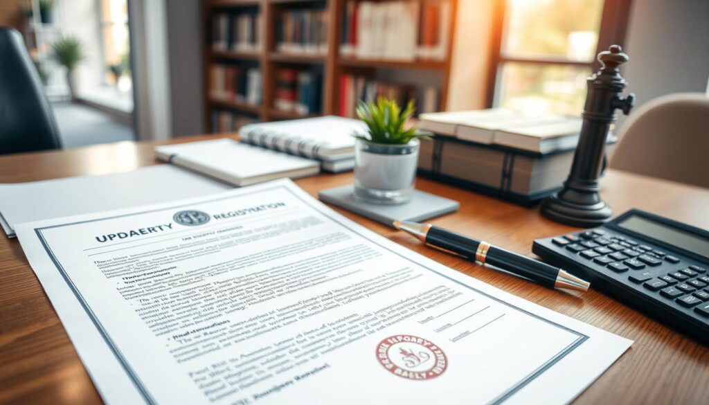 A close-up view of an updated property registration document, laid out on a stylish wooden desk. The document features detailed text, a clear header, and an official seal, emphasizing its importance in real estate transactions. Surrounding the document, there are elegant office supplies like a fountain pen, a small potted plant, and a calculator, representing the business atmosphere of buying a property. In the background, softly blurred, are shelves filled with books about real estate and finance, hinting at the knowledge required for the process. The scene is illuminated by warm, natural light coming through a nearby window, creating a professional and inviting mood. The camera angle captures the document at a slight diagonal, drawing attention to its significance without any text or distractions. A close-up view of an updated property registration document, laid out on a stylish wooden desk. The document features detailed text, a clear header, and an official seal, emphasizing its importance in real estate transactions. Surrounding the document, there are elegant office supplies like a fountain pen, a small potted plant, and a calculator, representing the business atmosphere of buying a property. In the background, softly blurred, are shelves filled with books about real estate and finance, hinting at the knowledge required for the process. The scene is illuminated by warm, natural light coming through a nearby window, creating a professional and inviting mood. The camera angle captures the document at a slight diagonal, drawing attention to its significance without any text or distractions.