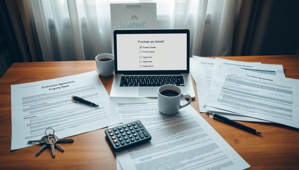 A collection of essential property documents arranged neatly on a wooden desk. The foreground features keys and a calculator beside the documents, which include a property deed, a purchase agreement, and inspection reports. In the middle, a modern laptop displays a checklist on the screen, while a cup of coffee adds a warm touch. In the background, soft natural light streams through a window, illuminating the papers and creating a cozy atmosphere. The scene conveys a sense of organization and professionalism, emphasizing the importance of thorough documentation in real estate transactions. The overall mood is focused and inviting, perfect for highlighting the essential steps in purchasing a property. A collection of essential property documents arranged neatly on a wooden desk. The foreground features keys and a calculator beside the documents, which include a property deed, a purchase agreement, and inspection reports. In the middle, a modern laptop displays a checklist on the screen, while a cup of coffee adds a warm touch. In the background, soft natural light streams through a window, illuminating the papers and creating a cozy atmosphere. The scene conveys a sense of organization and professionalism, emphasizing the importance of thorough documentation in real estate transactions. The overall mood is focused and inviting, perfect for highlighting the essential steps in purchasing a property.