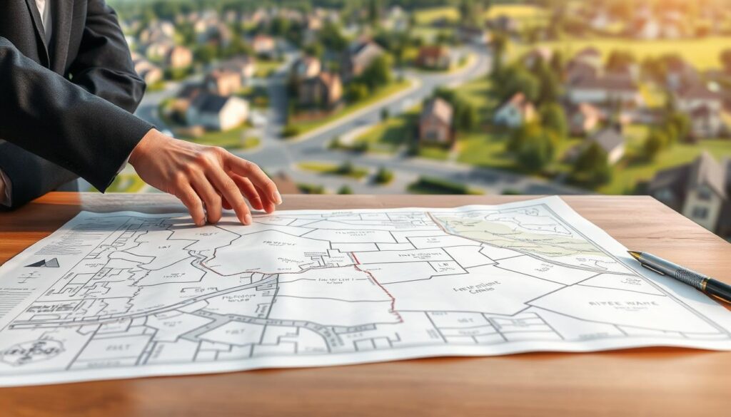 A conceptual representation of land subdivision, showcasing a sprawling piece of real estate. In the foreground, a detailed map on a wooden table with marked boundaries and notes. A pair of hands in professional attire examines the plan, symbolizing due diligence in real estate development. The middle ground features a digitally rendered illustration of land sections being divided, highlighting the transition from one large plot to multiple smaller lots. The background depicts a serene neighborhood with houses and green spaces, emphasizing the concept of future potential for residential development. Soft, natural lighting creates a welcoming and professional mood, while a slight depth of field focuses attention on the map. The image conveys a sense of systematic planning and legal processes involved in property subdivision. A conceptual representation of land subdivision, showcasing a sprawling piece of real estate. In the foreground, a detailed map on a wooden table with marked boundaries and notes. A pair of hands in professional attire examines the plan, symbolizing due diligence in real estate development. The middle ground features a digitally rendered illustration of land sections being divided, highlighting the transition from one large plot to multiple smaller lots. The background depicts a serene neighborhood with houses and green spaces, emphasizing the concept of future potential for residential development. Soft, natural lighting creates a welcoming and professional mood, while a slight depth of field focuses attention on the map. The image conveys a sense of systematic planning and legal processes involved in property subdivision.