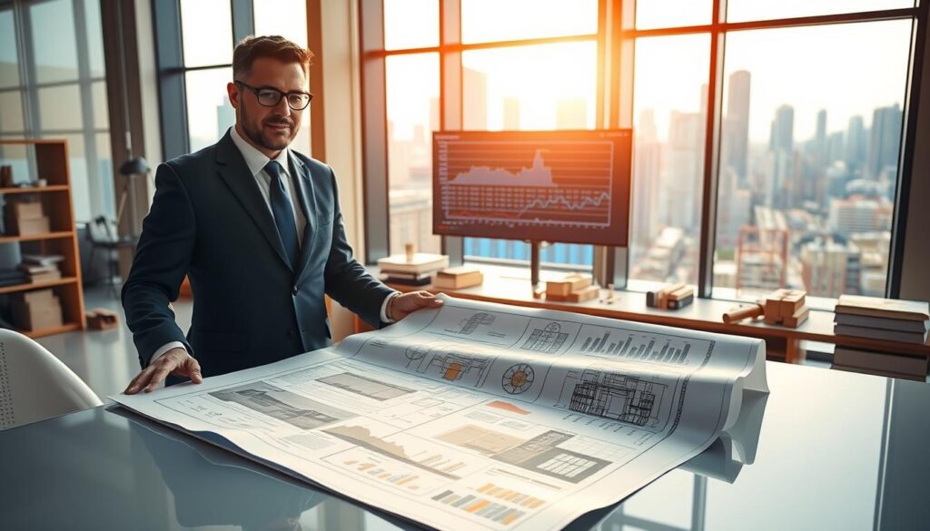 A confident architect in a professional business suit is reviewing blueprints for a construction project, standing in a modern office with a large window overlooking a city skyline. In the foreground, a detailed blueprint is spread out on a sleek table, showcasing various stages of construction progress, with highlighted sections indicating different completion levels. In the middle ground, a digital screen displays graphs and data illustrating the evolution rate of the project, symbolizing financial calculations and progress tracking. The background features a well-organized workspace with architectural models and tools, bathed in warm, natural light from the window, conveying a productive and focused atmosphere. The image evokes a sense of professionalism, diligence, and foresight in the construction industry. A confident architect in a professional business suit is reviewing blueprints for a construction project, standing in a modern office with a large window overlooking a city skyline. In the foreground, a detailed blueprint is spread out on a sleek table, showcasing various stages of construction progress, with highlighted sections indicating different completion levels. In the middle ground, a digital screen displays graphs and data illustrating the evolution rate of the project, symbolizing financial calculations and progress tracking. The background features a well-organized workspace with architectural models and tools, bathed in warm, natural light from the window, conveying a productive and focused atmosphere. The image evokes a sense of professionalism, diligence, and foresight in the construction industry.