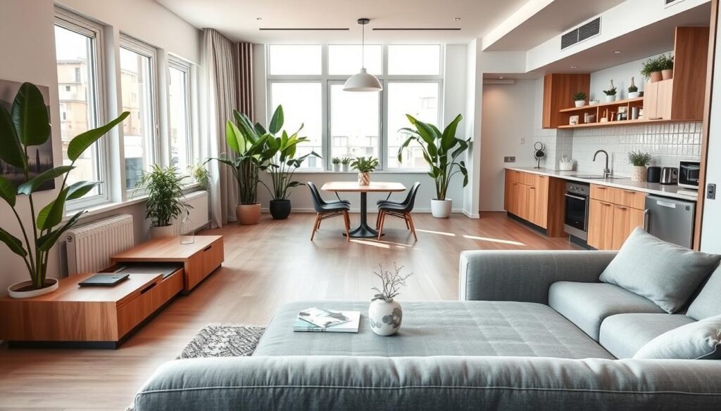 A contemporary interior showcasing effective small space optimization, featuring a well-designed studio apartment with multi-functional furniture. In the foreground, a sleek modular sofa that converts into a bed, accompanied by a stylish coffee table that doubles as storage. The middle ground reveals a compact dining area with a smart folding table and comfortable chairs, surrounded by beautiful indoor plants adding a touch of greenery. The background consists of a modern kitchen with open shelving and small appliances neatly organized to save space. Soft, natural lighting filters through large windows, creating a warm and inviting atmosphere. The angle captures a wide view that emphasizes the clever use of space, making it feel spacious and airy while maintaining a cozy and stylish vibe. A contemporary interior showcasing effective small space optimization, featuring a well-designed studio apartment with multi-functional furniture. In the foreground, a sleek modular sofa that converts into a bed, accompanied by a stylish coffee table that doubles as storage. The middle ground reveals a compact dining area with a smart folding table and comfortable chairs, surrounded by beautiful indoor plants adding a touch of greenery. The background consists of a modern kitchen with open shelving and small appliances neatly organized to save space. Soft, natural lighting filters through large windows, creating a warm and inviting atmosphere. The angle captures a wide view that emphasizes the clever use of space, making it feel spacious and airy while maintaining a cozy and stylish vibe.