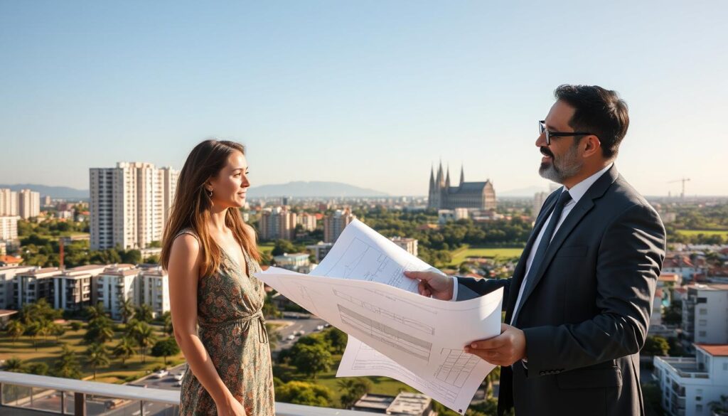 A contemporary real estate market scene in Maringá, Brazil, set in 2024. In the foreground, a professional real estate agent in a business suit is discussing plans with a couple, showcasing architectural blueprints of modern apartment buildings. In the middle ground, a vibrant city landscape reveals a mix of newly built residential complexes and well-maintained parks, reflecting the appeal of Maringá’s neighborhoods. The background features a clear blue sky, with the iconic cathedral silhouette visible amongst the cityscape. Warm, natural lighting illuminates the scene, conveying optimism and growth in the real estate market. The overall atmosphere is dynamic and inviting, emphasizing the potential for investment in Maringá's property sector. A contemporary real estate market scene in Maringá, Brazil, set in 2024. In the foreground, a professional real estate agent in a business suit is discussing plans with a couple, showcasing architectural blueprints of modern apartment buildings. In the middle ground, a vibrant city landscape reveals a mix of newly built residential complexes and well-maintained parks, reflecting the appeal of Maringá’s neighborhoods. The background features a clear blue sky, with the iconic cathedral silhouette visible amongst the cityscape. Warm, natural lighting illuminates the scene, conveying optimism and growth in the real estate market. The overall atmosphere is dynamic and inviting, emphasizing the potential for investment in Maringá's property sector.