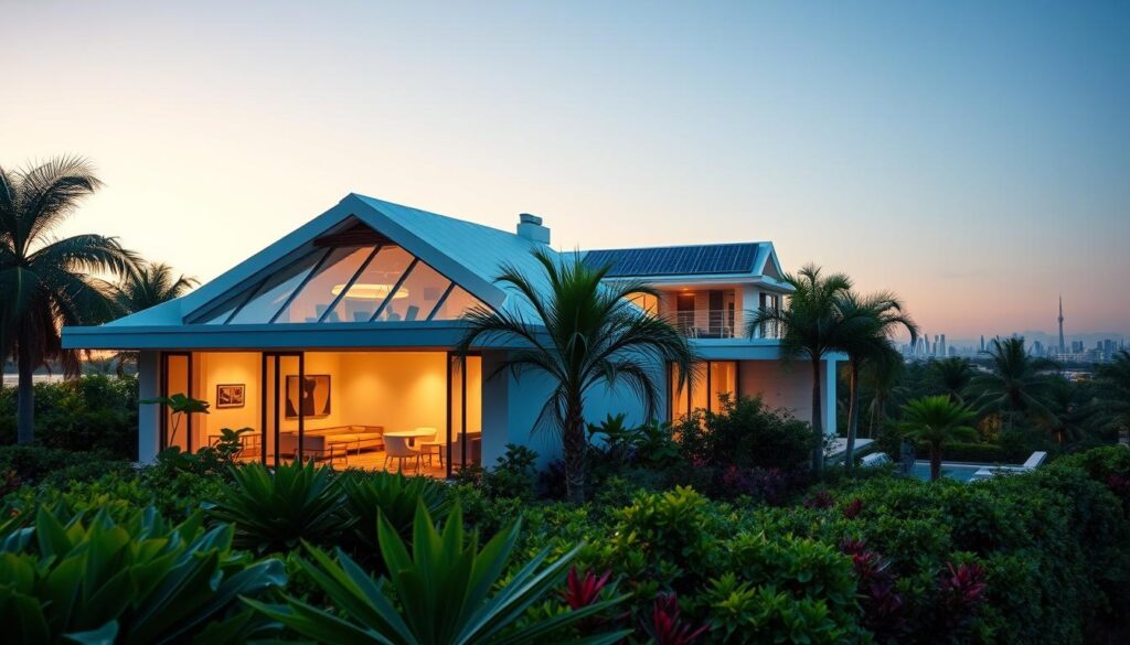 A contemporary smart home in Maringá, Brazil, seamlessly integrating modern technology with a vibrant tropical environment. In the foreground, the house features sleek, eco-friendly solar panels on the roof, large windows showcasing a bright interior filled with modern furniture and smart devices. In the middle ground, lush green landscaping, including palm trees and colorful native flora, surrounds the property. Soft, ambient lighting bathes the exterior in a warm glow at sunset, with soft shadows creating a serene atmosphere. In the background, the outline of Maringá's iconic architecture is visible, blending harmoniously with nature. The scene conveys innovation and comfort, emphasizing the benefits of smart living. A camera angle from slightly below eye level captures the elegance of the home against a clear sky, suggesting a futuristic lifestyle in harmony with its environment. A contemporary smart home in Maringá, Brazil, seamlessly integrating modern technology with a vibrant tropical environment. In the foreground, the house features sleek, eco-friendly solar panels on the roof, large windows showcasing a bright interior filled with modern furniture and smart devices. In the middle ground, lush green landscaping, including palm trees and colorful native flora, surrounds the property. Soft, ambient lighting bathes the exterior in a warm glow at sunset, with soft shadows creating a serene atmosphere. In the background, the outline of Maringá's iconic architecture is visible, blending harmoniously with nature. The scene conveys innovation and comfort, emphasizing the benefits of smart living. A camera angle from slightly below eye level captures the elegance of the home against a clear sky, suggesting a futuristic lifestyle in harmony with its environment.