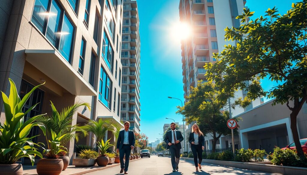 A contemporary urban scene showcasing a modern apartment building in Maringá, Brazil. In the foreground, highlight a well-maintained apartment entrance with a welcoming facade, large glass windows, and green potted plants. In the middle ground, feature a serene street with people walking casually, dressed in professional business attire, discussing real estate opportunities. In the background, depict a clear blue sky with the sun shining, illuminating the vibrant city landscape. Use a warm color palette to emphasize a sense of hope and opportunity. The angle should be slightly elevated, capturing a dynamic view of the neighborhood. The overall mood should feel inviting, optimistic, and focused on urban living and home ownership, perfect for prospective buyers. A contemporary urban scene showcasing a modern apartment building in Maringá, Brazil. In the foreground, highlight a well-maintained apartment entrance with a welcoming facade, large glass windows, and green potted plants. In the middle ground, feature a serene street with people walking casually, dressed in professional business attire, discussing real estate opportunities. In the background, depict a clear blue sky with the sun shining, illuminating the vibrant city landscape. Use a warm color palette to emphasize a sense of hope and opportunity. The angle should be slightly elevated, capturing a dynamic view of the neighborhood. The overall mood should feel inviting, optimistic, and focused on urban living and home ownership, perfect for prospective buyers.