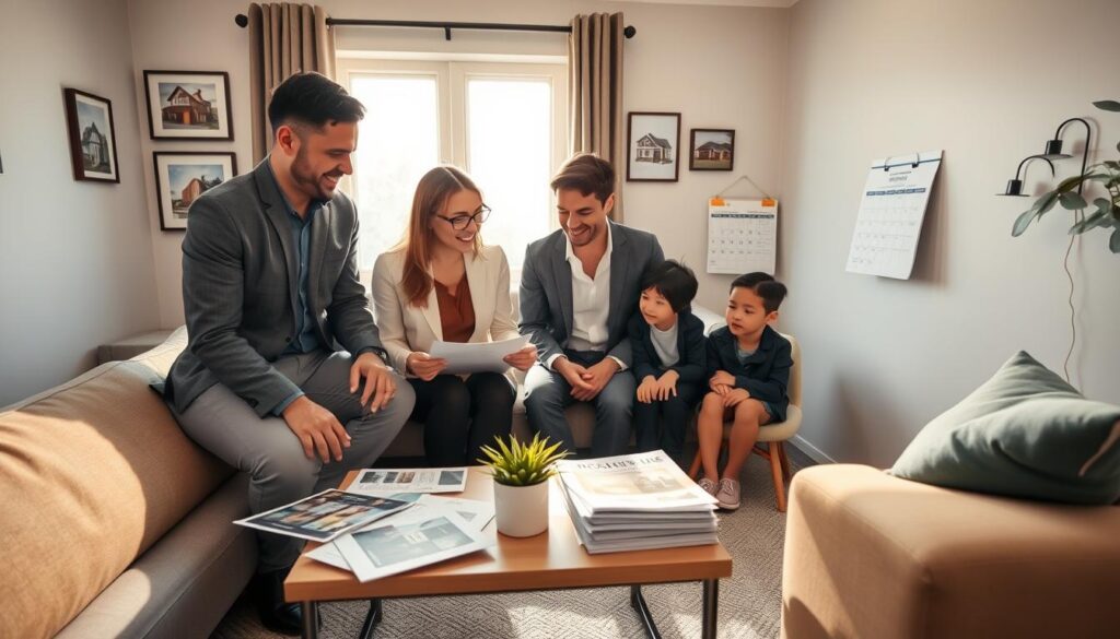 A cozy and inviting home interior representing housing subsidies. In the foreground, a family of diverse individuals (a father, mother, and two children) are discussing plans around a small coffee table strewn with property brochures and financial documents, all dressed in professional business attire. In the middle ground, a bright window allows warm sunlight to fill the room, highlighting modern furniture and a small indoor plant. The background features a wall with framed images of houses and a calendar marked with important dates. The overall mood is optimistic and hopeful, emphasizing the theme of community support and the journey towards home ownership. Soft lighting enhances the welcoming atmosphere. A cozy and inviting home interior representing housing subsidies. In the foreground, a family of diverse individuals (a father, mother, and two children) are discussing plans around a small coffee table strewn with property brochures and financial documents, all dressed in professional business attire. In the middle ground, a bright window allows warm sunlight to fill the room, highlighting modern furniture and a small indoor plant. The background features a wall with framed images of houses and a calendar marked with important dates. The overall mood is optimistic and hopeful, emphasizing the theme of community support and the journey towards home ownership. Soft lighting enhances the welcoming atmosphere.