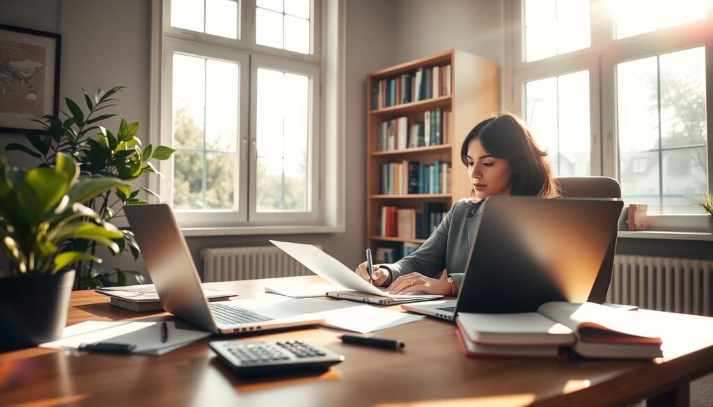 A cozy and inviting home office setting, filled with warm, natural light streaming in through large windows, casting soft shadows. In the foreground, a well-organized desk features a laptop, financial planning documents, and a neatly arranged calculator. A potted plant adds a touch of greenery. In the middle, a professional woman in modest business attire sits thoughtfully at the desk, analyzing her budget and setting goals for purchasing her first home. In the background, a tasteful bookshelf filled with finance and home-buying books hints at preparation and knowledge. The atmosphere is calm and focused, suggesting an environment conducive to careful financial planning, with a slight lens flare for depth. A cozy and inviting home office setting, filled with warm, natural light streaming in through large windows, casting soft shadows. In the foreground, a well-organized desk features a laptop, financial planning documents, and a neatly arranged calculator. A potted plant adds a touch of greenery. In the middle, a professional woman in modest business attire sits thoughtfully at the desk, analyzing her budget and setting goals for purchasing her first home. In the background, a tasteful bookshelf filled with finance and home-buying books hints at preparation and knowledge. The atmosphere is calm and focused, suggesting an environment conducive to careful financial planning, with a slight lens flare for depth.