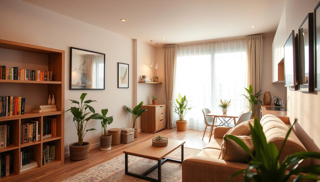 A cozy and modern apartment interior, showcasing a warm living space with a stylish couch, a small coffee table, and a bookshelf filled with books. The room is well-lit by natural light pouring in through a large window adorned with light curtains, creating a welcoming atmosphere. In the background, a well-equipped kitchen is visible, with sleek cabinets and a dining area featuring a small table set for two. Potted plants add a touch of greenery, enhancing the inviting ambiance. The color palette consists of soft neutrals with pops of color. The scene captures a sense of comfort and tranquility, ideal for young professionals seeking rental opportunities near Unicesumar in Maringá's Jardim Aclimação neighborhood. Bright, cheerful, and well-organized. A cozy and modern apartment interior, showcasing a warm living space with a stylish couch, a small coffee table, and a bookshelf filled with books. The room is well-lit by natural light pouring in through a large window adorned with light curtains, creating a welcoming atmosphere. In the background, a well-equipped kitchen is visible, with sleek cabinets and a dining area featuring a small table set for two. Potted plants add a touch of greenery, enhancing the inviting ambiance. The color palette consists of soft neutrals with pops of color. The scene captures a sense of comfort and tranquility, ideal for young professionals seeking rental opportunities near Unicesumar in Maringá's Jardim Aclimação neighborhood. Bright, cheerful, and well-organized.