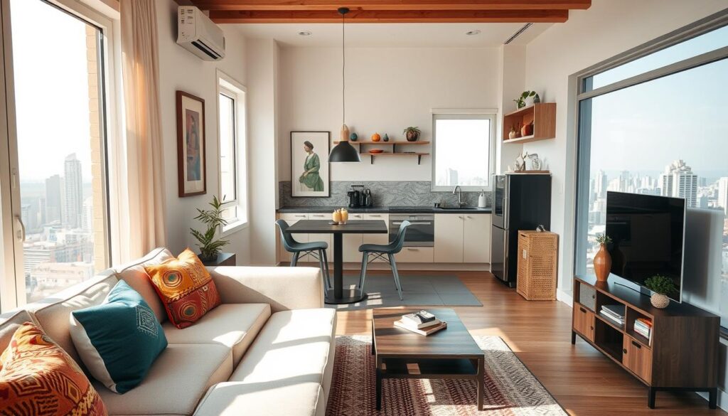 A cozy and modern compact apartment interior, showcasing a well-designed living space that merges a small kitchen and living area. In the foreground, an elegant sofa in neutral tones with colorful throw pillows invites relaxation. In the middle, a sleek dining table with two chairs sits next to a minimalist kitchen with contemporary appliances and open shelving. The walls are adorned with tasteful art and decorations that reflect Brazilian culture. Natural light floods in through large windows, creating a warm atmosphere. In the background, a view of a bustling city landscape can be glimpsed outside, hinting at urban living. The image should capture a sense of comfort and functionality, utilizing bright and inviting lighting, with an angle that emphasizes the efficiency of the space. A cozy and modern compact apartment interior, showcasing a well-designed living space that merges a small kitchen and living area. In the foreground, an elegant sofa in neutral tones with colorful throw pillows invites relaxation. In the middle, a sleek dining table with two chairs sits next to a minimalist kitchen with contemporary appliances and open shelving. The walls are adorned with tasteful art and decorations that reflect Brazilian culture. Natural light floods in through large windows, creating a warm atmosphere. In the background, a view of a bustling city landscape can be glimpsed outside, hinting at urban living. The image should capture a sense of comfort and functionality, utilizing bright and inviting lighting, with an angle that emphasizes the efficiency of the space.