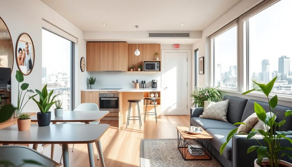 A cozy and modern kitnet interior, showcasing efficient use of space. In the foreground, a stylish living area with a small dining table and comfortable seating, adorned with indoor plants. In the middle, a compact kitchen with sleek appliances and minimalist design elements, emphasizing functionality. Natural light floods through large windows, creating a warm and inviting atmosphere. In the background, glimpses of city life can be seen through the window, suggesting a vibrant urban environment. The color palette features soft neutrals with pops of greenery, enhancing the sense of tranquility. The mood is welcoming, reflecting the advantages of investing in small living spaces. The scene is captured with a bright, soft focus, highlighting the charm and practicality of kitnets. A cozy and modern kitnet interior, showcasing efficient use of space. In the foreground, a stylish living area with a small dining table and comfortable seating, adorned with indoor plants. In the middle, a compact kitchen with sleek appliances and minimalist design elements, emphasizing functionality. Natural light floods through large windows, creating a warm and inviting atmosphere. In the background, glimpses of city life can be seen through the window, suggesting a vibrant urban environment. The color palette features soft neutrals with pops of greenery, enhancing the sense of tranquility. The mood is welcoming, reflecting the advantages of investing in small living spaces. The scene is captured with a bright, soft focus, highlighting the charm and practicality of kitnets.