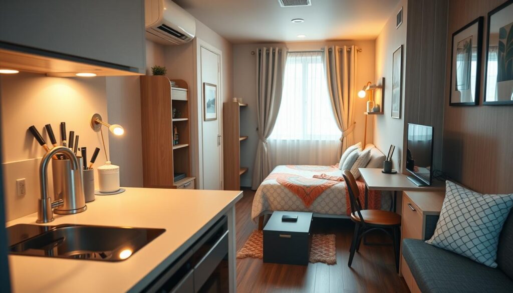 A cozy and modern kitnet interior, showcasing essential living spaces in a compact design. In the foreground, a stylish small kitchenette featuring a sleek countertop, contemporary appliances, and a compact dining area. The middle ground includes a comfortable sleeping area with a neatly made bed adorned with colorful bedding, a small workspace with a minimalist desk and chair, and a functional shelving unit with decor. The background captures a bright window with sheer curtains, allowing natural light to flood the room, creating an inviting atmosphere. Soft, warm lighting enhances the homely feel. The perspective is slightly angled to reveal the entire layout, emphasizing the efficient use of space. The overall mood is welcoming and vibrant, suitable for young professionals or students. A cozy and modern kitnet interior, showcasing essential living spaces in a compact design. In the foreground, a stylish small kitchenette featuring a sleek countertop, contemporary appliances, and a compact dining area. The middle ground includes a comfortable sleeping area with a neatly made bed adorned with colorful bedding, a small workspace with a minimalist desk and chair, and a functional shelving unit with decor. The background captures a bright window with sheer curtains, allowing natural light to flood the room, creating an inviting atmosphere. Soft, warm lighting enhances the homely feel. The perspective is slightly angled to reveal the entire layout, emphasizing the efficient use of space. The overall mood is welcoming and vibrant, suitable for young professionals or students.