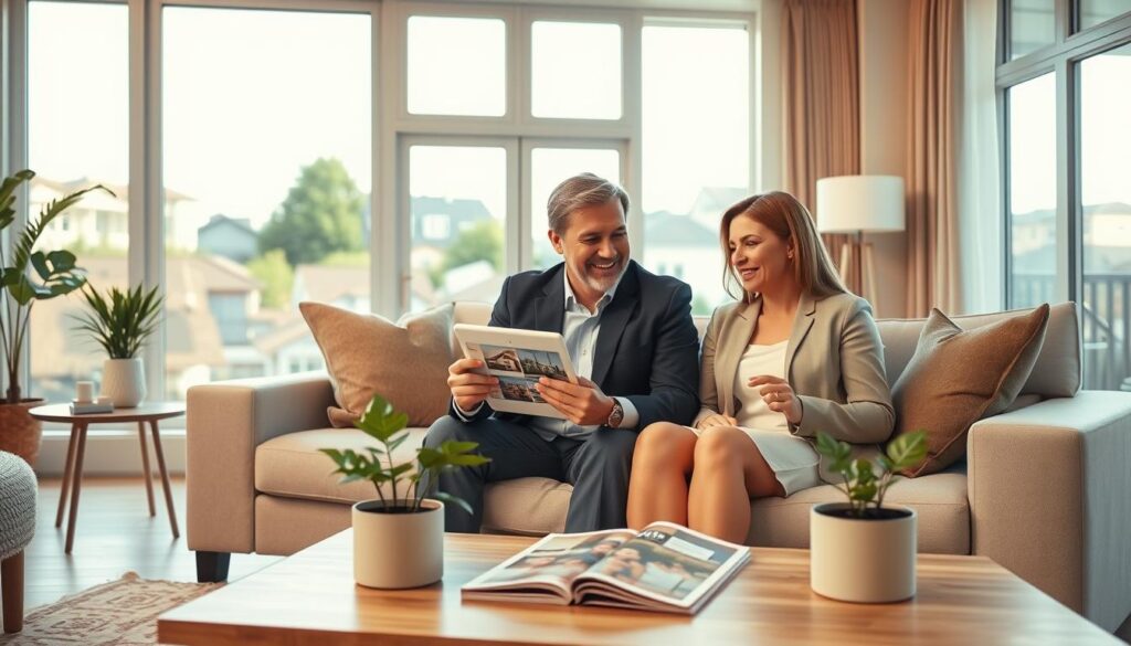A cozy and modern living room setting, showcasing a family discussing their home needs and preferences. In the foreground, two adults in professional attire, a man and a woman, are reviewing a digital tablet with home listings while sitting on a stylish sofa. The middle ground features a tasteful coffee table adorned with a few home design magazines and a houseplant. In the background, a large window allows natural light to bathe the room, highlighting a scenic view of a neighborhood outside. The atmosphere is warm and inviting, emphasizing collaboration and aligning objectives for a future home. The lighting is soft and warm, giving the image a sense of comfort and openness, with a slight focus on the subjects' expressions as they engage in conversation. A cozy and modern living room setting, showcasing a family discussing their home needs and preferences. In the foreground, two adults in professional attire, a man and a woman, are reviewing a digital tablet with home listings while sitting on a stylish sofa. The middle ground features a tasteful coffee table adorned with a few home design magazines and a houseplant. In the background, a large window allows natural light to bathe the room, highlighting a scenic view of a neighborhood outside. The atmosphere is warm and inviting, emphasizing collaboration and aligning objectives for a future home. The lighting is soft and warm, giving the image a sense of comfort and openness, with a slight focus on the subjects' expressions as they engage in conversation.
