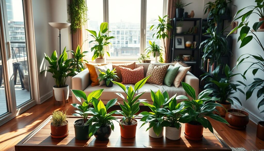 A cozy apartment interior filled with vibrant greenery, showcasing various houseplants that are known for their benefits, like snake plants, pothos, and peace lilies. The foreground features a stylish coffee table adorned with small pots, each plant lush and healthy, reflecting natural light. In the middle, a large window offers a view of a sunny urban landscape, casting soft shadows on the wooden floor. The background includes a comfortable sofa and a bookshelf, adorned with more plants that create a serene and inviting atmosphere. The lighting is warm and bright, enhancing the freshness of the plants. The overall mood is peaceful and rejuvenating, promoting the idea of indoor gardening as a beneficial practice for apartment living. A cozy apartment interior filled with vibrant greenery, showcasing various houseplants that are known for their benefits, like snake plants, pothos, and peace lilies. The foreground features a stylish coffee table adorned with small pots, each plant lush and healthy, reflecting natural light. In the middle, a large window offers a view of a sunny urban landscape, casting soft shadows on the wooden floor. The background includes a comfortable sofa and a bookshelf, adorned with more plants that create a serene and inviting atmosphere. The lighting is warm and bright, enhancing the freshness of the plants. The overall mood is peaceful and rejuvenating, promoting the idea of indoor gardening as a beneficial practice for apartment living.