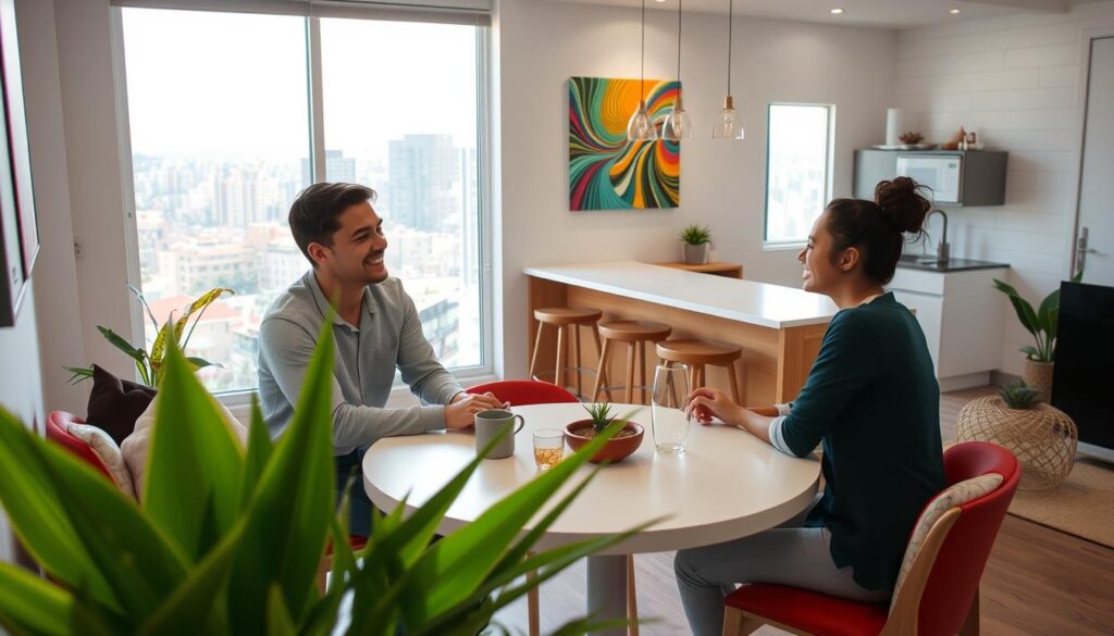 A cozy, modern shared apartment interior in Maringá, Brazil, featuring two young professionals engaged in a friendly conversation while sitting at a round dining table, surrounded by stylish furnishings. In the foreground, a couple of plants add a touch of greenery, and a colorful wall art enhances the ambiance. In the middle ground, a clean kitchen is visible with an inviting breakfast bar, and through a large window in the background, the vibrant cityscape of Maringá can be seen under bright, natural daylight. The atmosphere is warm and welcoming, evoking a sense of community and connection. The scene is shot with a 35mm lens, ensuring a balanced depth of field while maintaining clarity of the subjects and the lively backdrop. A cozy, modern shared apartment interior in Maringá, Brazil, featuring two young professionals engaged in a friendly conversation while sitting at a round dining table, surrounded by stylish furnishings. In the foreground, a couple of plants add a touch of greenery, and a colorful wall art enhances the ambiance. In the middle ground, a clean kitchen is visible with an inviting breakfast bar, and through a large window in the background, the vibrant cityscape of Maringá can be seen under bright, natural daylight. The atmosphere is warm and welcoming, evoking a sense of community and connection. The scene is shot with a 35mm lens, ensuring a balanced depth of field while maintaining clarity of the subjects and the lively backdrop.