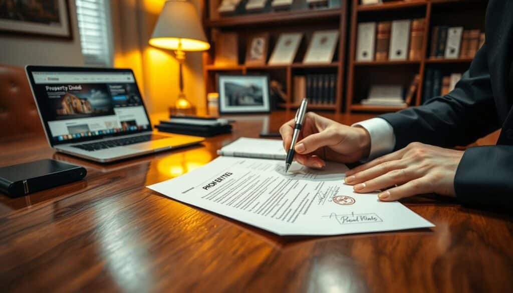 A cozy office setting featuring a polished wooden desk with an open property deed, showcasing intricate details like signatures and official stamps. In the foreground, a pair of hands, dressed in professional attire, gently hold a pen poised to sign the document. The middle ground includes a warm desk lamp casting a soft golden light, illuminating the paperwork, while a modern laptop displays a real estate website. In the background, a bookshelf filled with legal books and certificates enhances the professionalism of the scene. The atmosphere is serious yet inviting, emphasizing the importance of the property deed in real estate transactions. The image is well-lit, with a shallow depth of field focusing on the signing process, creating a sense of intimacy and significance around the act of finalizing ownership. A cozy office setting featuring a polished wooden desk with an open property deed, showcasing intricate details like signatures and official stamps. In the foreground, a pair of hands, dressed in professional attire, gently hold a pen poised to sign the document. The middle ground includes a warm desk lamp casting a soft golden light, illuminating the paperwork, while a modern laptop displays a real estate website. In the background, a bookshelf filled with legal books and certificates enhances the professionalism of the scene. The atmosphere is serious yet inviting, emphasizing the importance of the property deed in real estate transactions. The image is well-lit, with a shallow depth of field focusing on the signing process, creating a sense of intimacy and significance around the act of finalizing ownership.