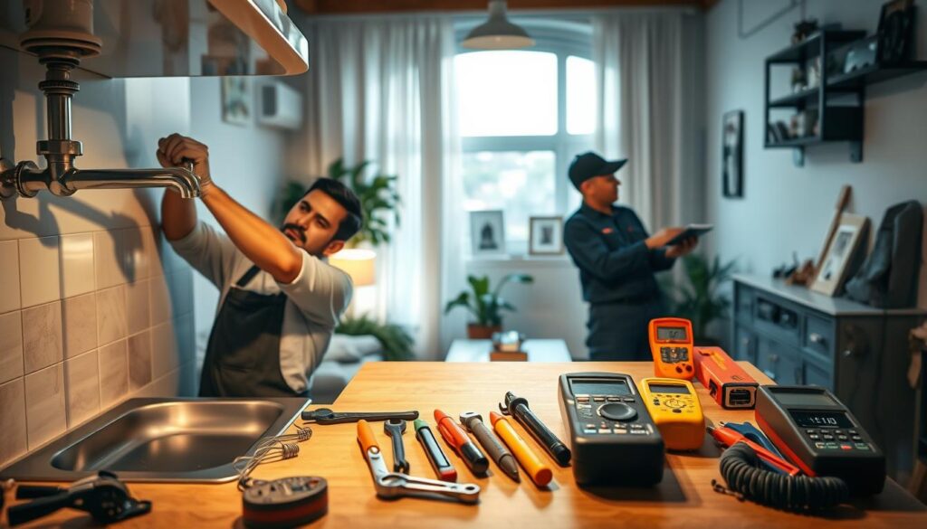 A cozy residential setting in Maringá, showcasing preventative maintenance activities. In the foreground, a diligent plumber in professional attire inspects pipes under a sink, while an electrician checks wiring in a wall. In the middle ground, tools like wrenches and multimeters are neatly organized on a workbench, illuminated by warm overhead lighting. The background features a homey living room with plants and family photos, creating a comfortable atmosphere. Soft, natural light streams through the windows, enhancing the sense of care and attention to home upkeep. The scene conveys a feeling of reliability and reassurance in home maintenance, emphasizing the importance of proactive care for residential spaces. A cozy residential setting in Maringá, showcasing preventative maintenance activities. In the foreground, a diligent plumber in professional attire inspects pipes under a sink, while an electrician checks wiring in a wall. In the middle ground, tools like wrenches and multimeters are neatly organized on a workbench, illuminated by warm overhead lighting. The background features a homey living room with plants and family photos, creating a comfortable atmosphere. Soft, natural light streams through the windows, enhancing the sense of care and attention to home upkeep. The scene conveys a feeling of reliability and reassurance in home maintenance, emphasizing the importance of proactive care for residential spaces.