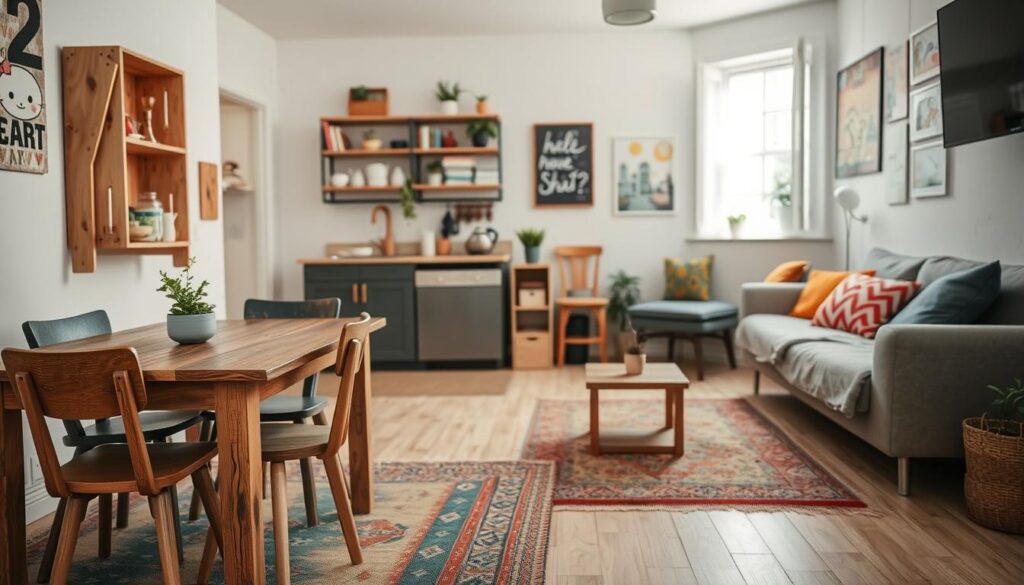 A cozy, student apartment interior is shown, designed on a limited budget. In the foreground, a small dining table made of reclaimed wood surrounded by mismatched chairs adds character, along with a colorful rug on a modest floor. The middle section features a compact kitchen area, with affordable kitchenware and open shelves displaying plants and books. A well-worn couch with colorful throw pillows sits against a wall adorned with DIY art. The background showcases a soft-lit window allowing natural light to flood the space, creating a warm, inviting atmosphere. This setting captures the essence of clever, budget-friendly student living, emphasizing simplicity and creativity. The scene is bright, with a cheerful ambiance, conveying hope and resourcefulness. Use soft focus for a homely feel, and opt for a slightly angled view to create depth. A cozy, student apartment interior is shown, designed on a limited budget. In the foreground, a small dining table made of reclaimed wood surrounded by mismatched chairs adds character, along with a colorful rug on a modest floor. The middle section features a compact kitchen area, with affordable kitchenware and open shelves displaying plants and books. A well-worn couch with colorful throw pillows sits against a wall adorned with DIY art. The background showcases a soft-lit window allowing natural light to flood the space, creating a warm, inviting atmosphere. This setting captures the essence of clever, budget-friendly student living, emphasizing simplicity and creativity. The scene is bright, with a cheerful ambiance, conveying hope and resourcefulness. Use soft focus for a homely feel, and opt for a slightly angled view to create depth.