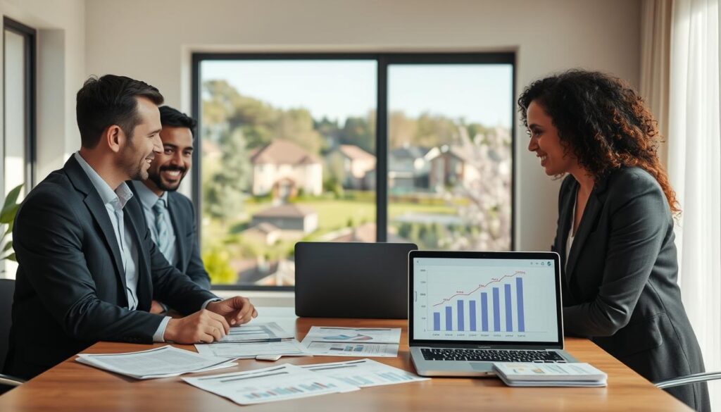 A cozy, sunlit office space with a modern desk displaying documents related to real estate financing and a laptop showing a graph of home ownership statistics. In the foreground, a diverse group of three professionals—two men and one woman—are discussing over the desk, all dressed in smart business attire, showing expressions of collaboration and enthusiasm. In the middle, a large window reveals a view of a suburban neighborhood with houses under construction and trees in bloom, symbolizing growth and opportunity. The background is softly blurred, creating a warm atmosphere with natural light filtering through the window. The overall mood is optimistic and professional, ideal for conveying the subject of real estate financing with FGTS assistance. A cozy, sunlit office space with a modern desk displaying documents related to real estate financing and a laptop showing a graph of home ownership statistics. In the foreground, a diverse group of three professionals—two men and one woman—are discussing over the desk, all dressed in smart business attire, showing expressions of collaboration and enthusiasm. In the middle, a large window reveals a view of a suburban neighborhood with houses under construction and trees in bloom, symbolizing growth and opportunity. The background is softly blurred, creating a warm atmosphere with natural light filtering through the window. The overall mood is optimistic and professional, ideal for conveying the subject of real estate financing with FGTS assistance.