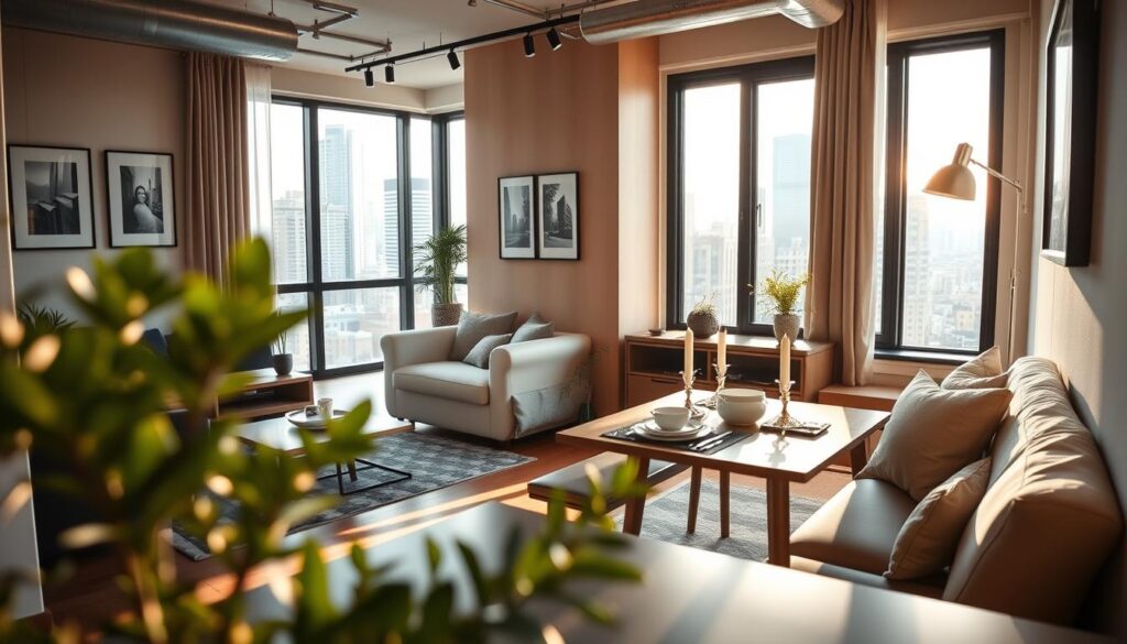 A cozy urban apartment interior, designed for a modern lifestyle, featuring stylish furniture, a compact dining area, and a comfortable living space with ample natural light streaming through large windows. In the foreground, a small potted plant adds a touch of greenery. The middle ground showcases an elegant dining table set for two, with subtle decor elements like candle holders and framed artwork on the walls. The background reveals a glimpse of the city skyline from the window, bathed in soft morning light, creating an inviting atmosphere. The overall mood is warm and welcoming, with a focus on urban living and modern aesthetics, shot from a slightly elevated angle to capture the entire space harmoniously. A cozy urban apartment interior, designed for a modern lifestyle, featuring stylish furniture, a compact dining area, and a comfortable living space with ample natural light streaming through large windows. In the foreground, a small potted plant adds a touch of greenery. The middle ground showcases an elegant dining table set for two, with subtle decor elements like candle holders and framed artwork on the walls. The background reveals a glimpse of the city skyline from the window, bathed in soft morning light, creating an inviting atmosphere. The overall mood is warm and welcoming, with a focus on urban living and modern aesthetics, shot from a slightly elevated angle to capture the entire space harmoniously.